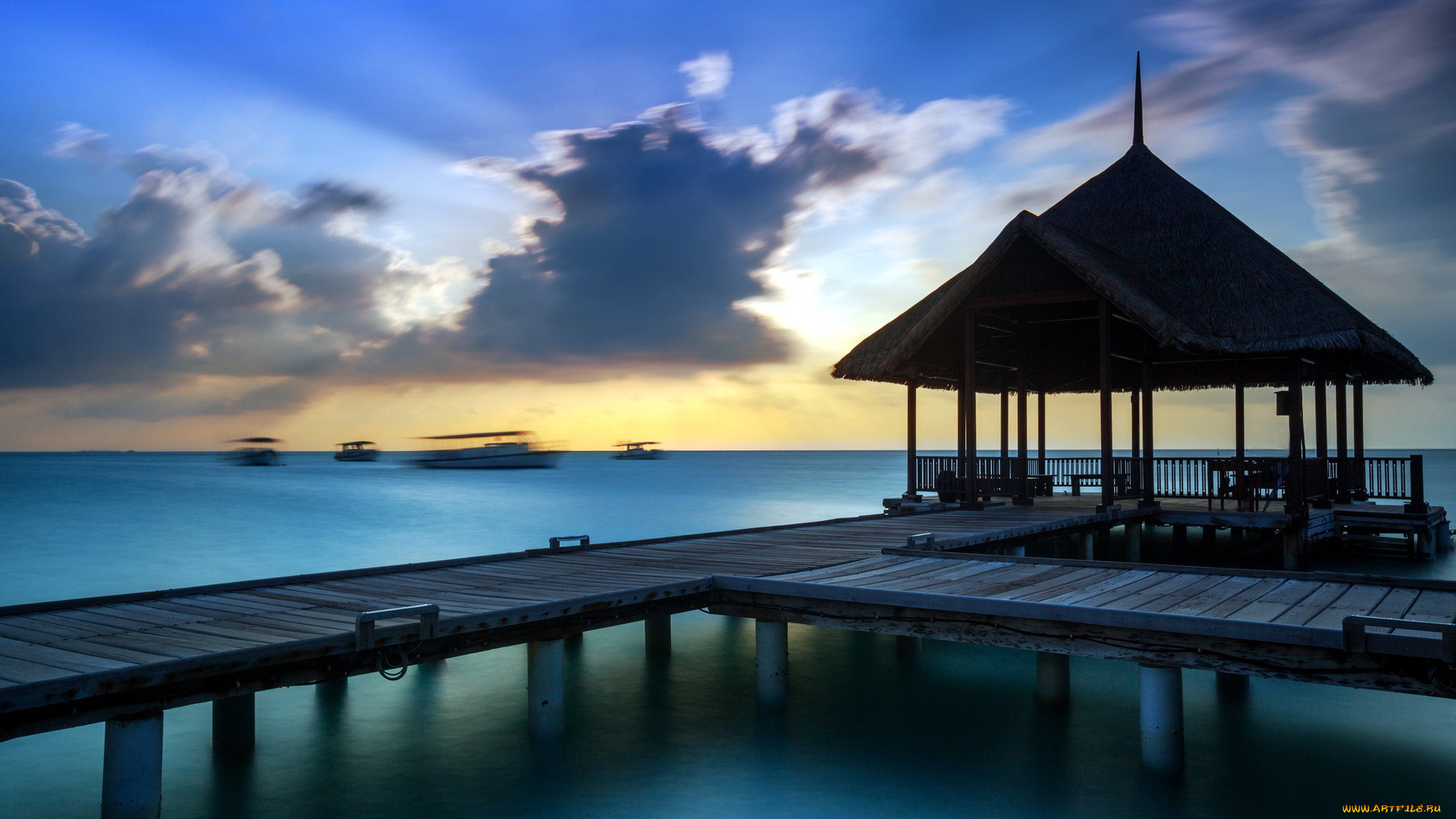 природа, побережье, бунгало, штиль, мостки, океан
