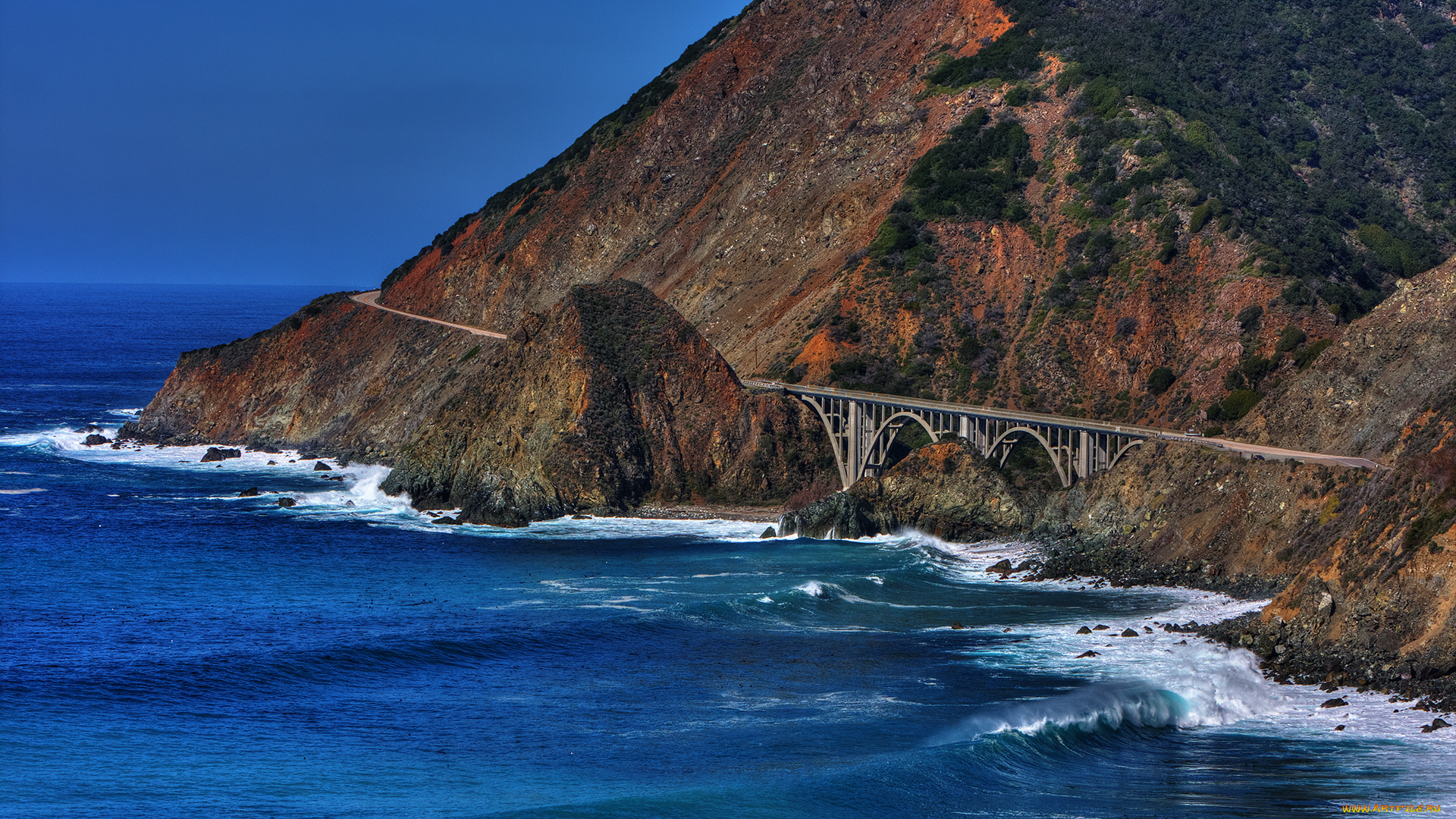 природа, побережье, мост, дорога, горы, океан