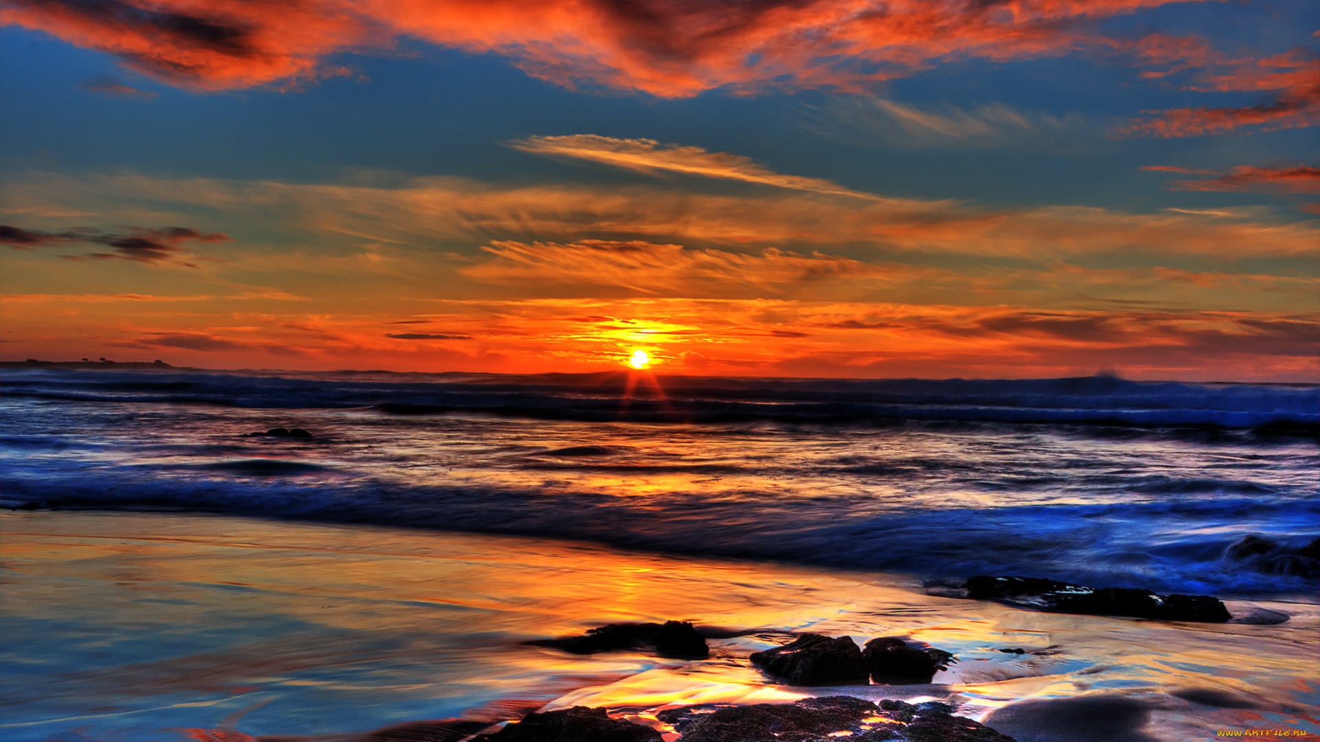 природа, восходы, закаты, океан, закат, тучи, волны