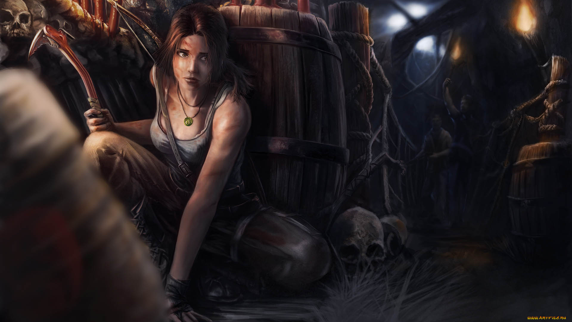 tomb, raider, 2013, видео, игры, бочка, свечи, черепа, фан-арт