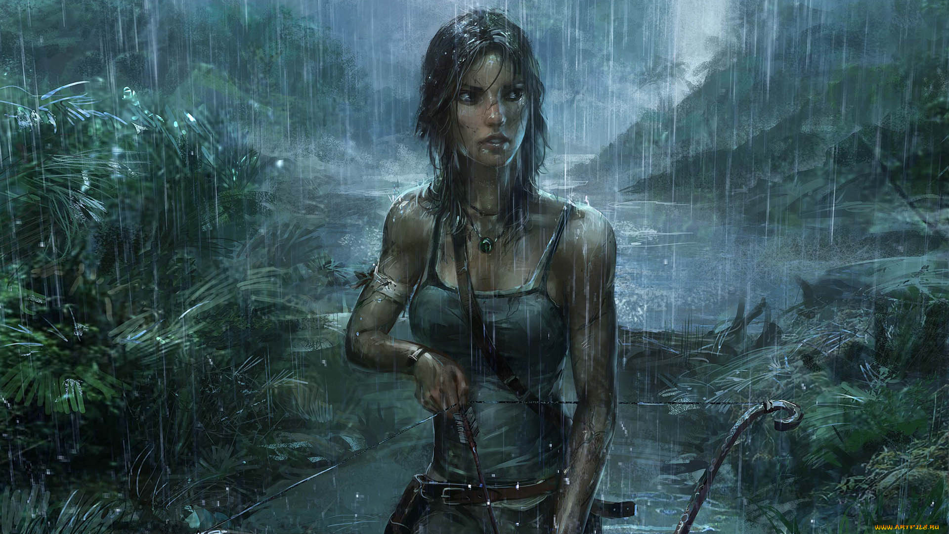 tomb, raider, 2013, видео, игры, дождь, джунгли, лук, фан-арт
