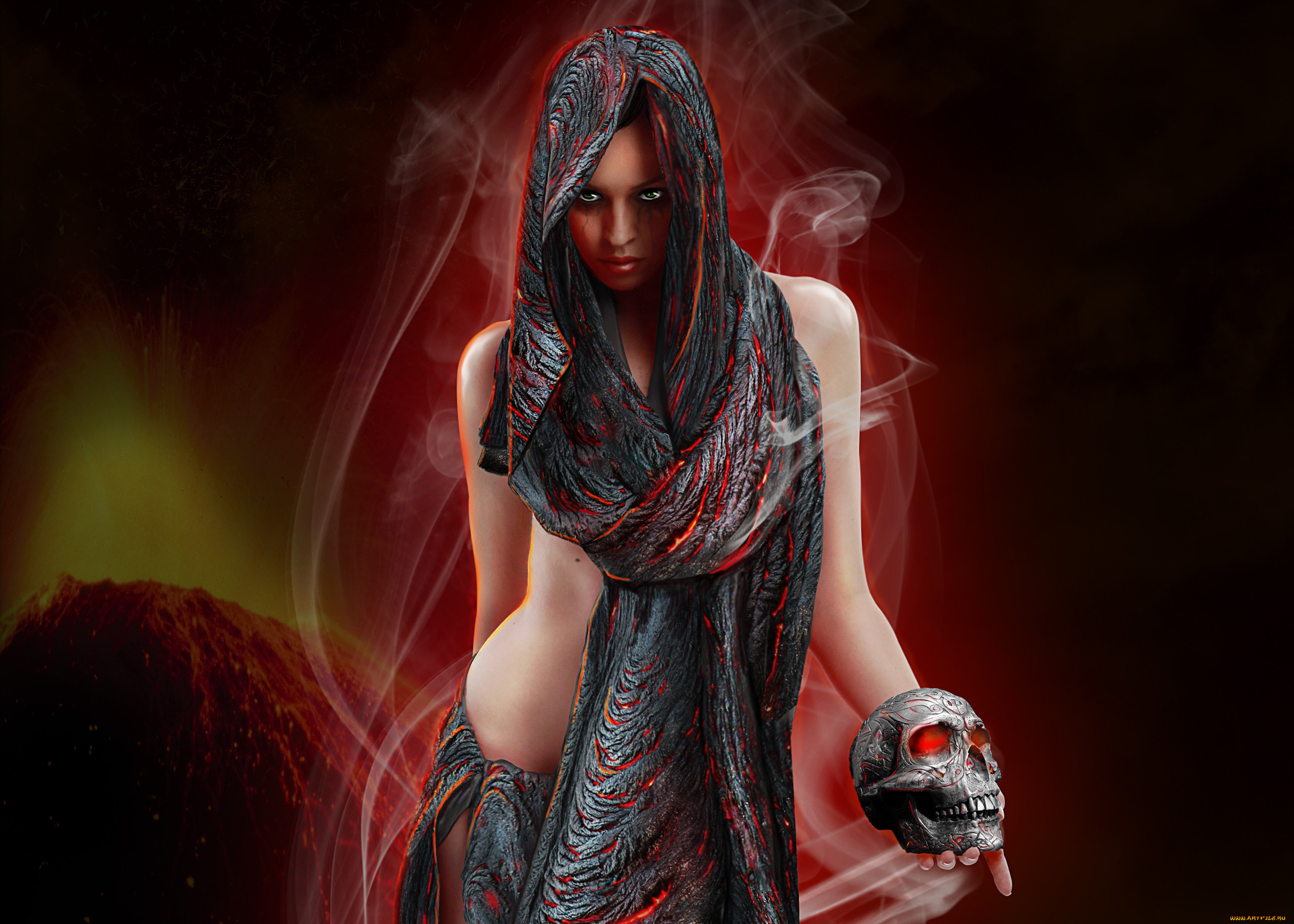 фэнтези, девушки, дым, девушка, ткань, череп