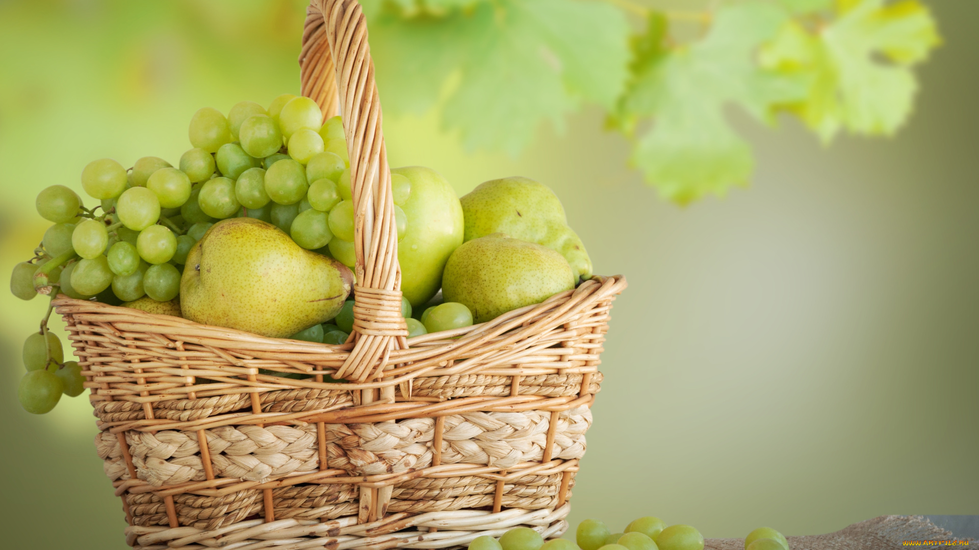 еда, фрукты, , ягоды, корзина, ягоды, груши, виноград, белый, листья