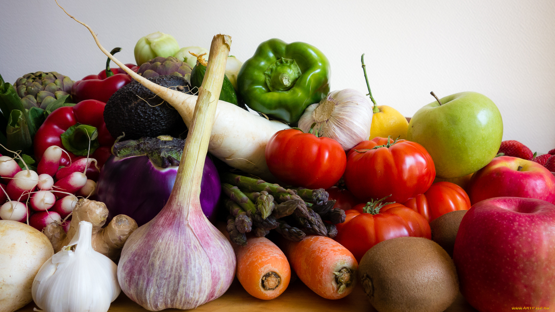 еда, фрукты, и, овощи, вместе, боклажаны, лук, яблоки, лимон, спаржа, редька, грибы, помидоры, перец, редис, овощи, фрукты