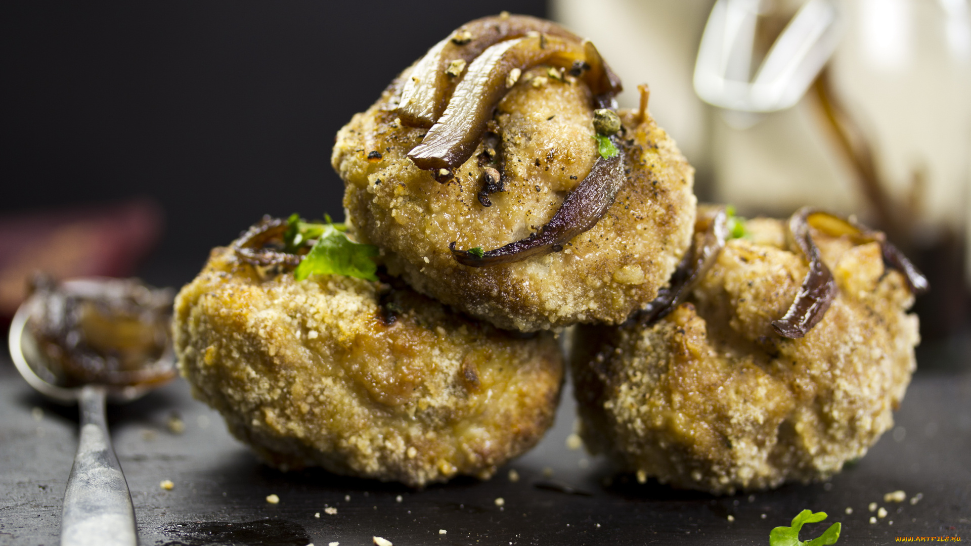 еда, мясные, блюда, ложка, стол, фон, зелень, запеченное, мясо