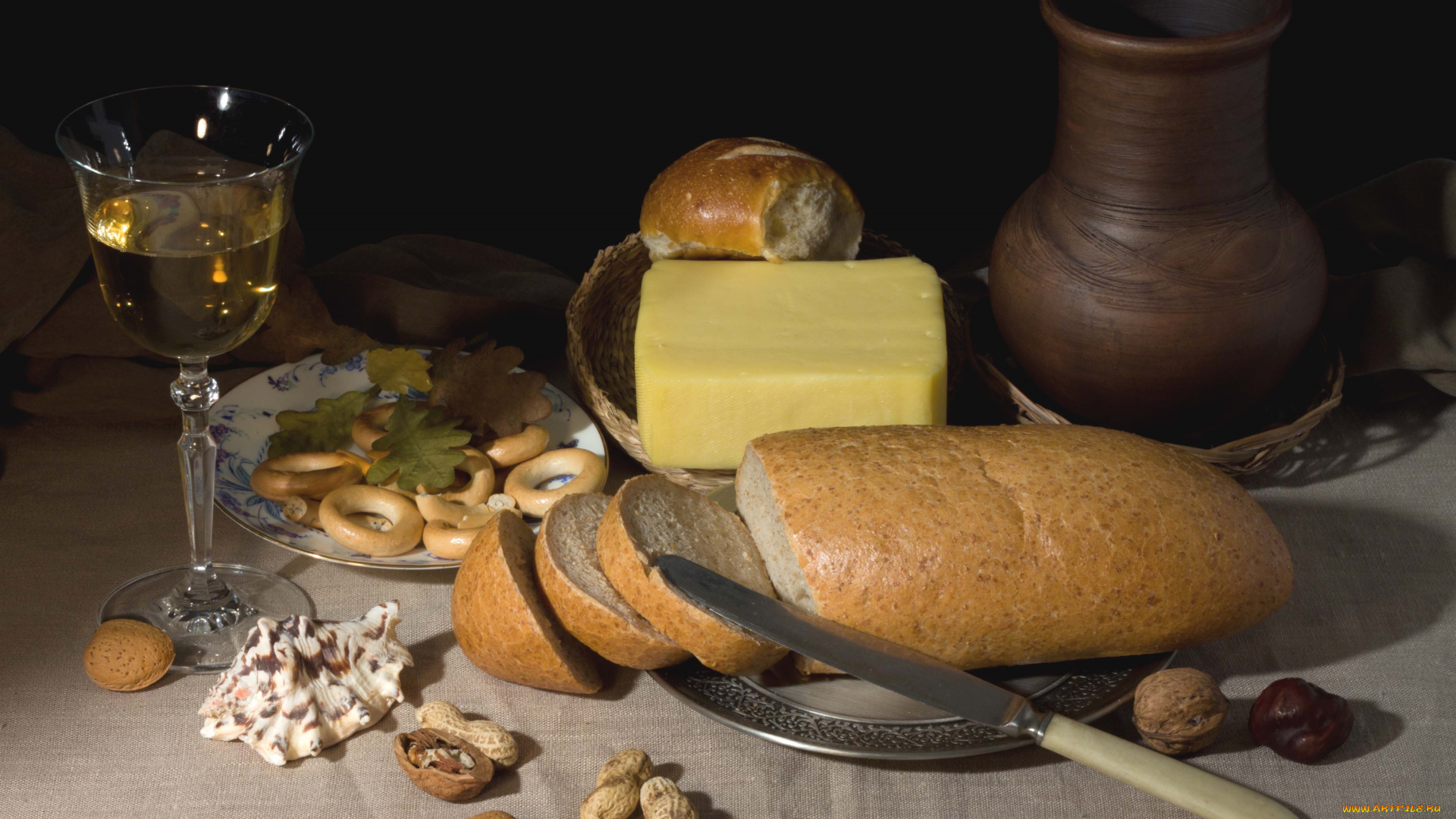 еда, натюрморт, хлеб, орехи, сушки, вино, масло
