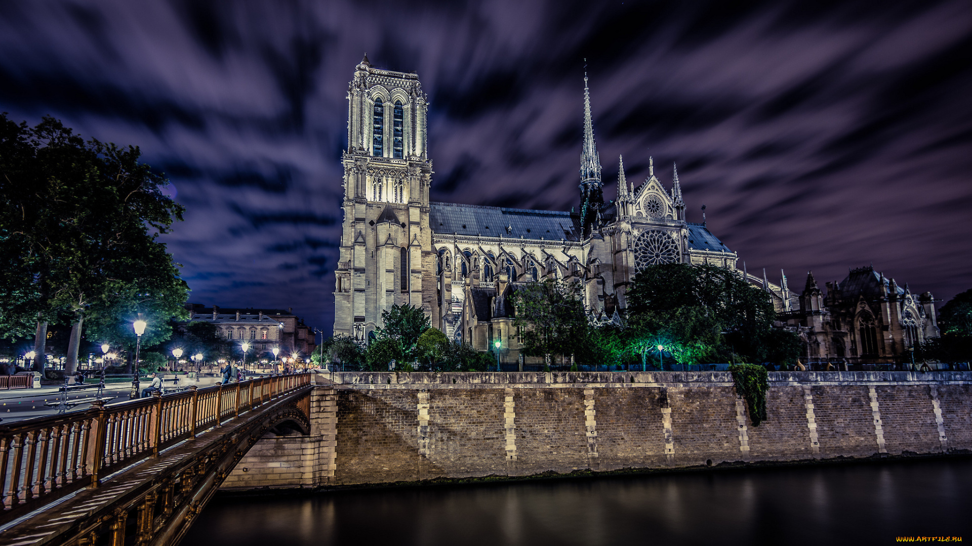 города, париж, , франция, ночь, город, нотр-дам-де-пари, собор, парижской, богоматери, париж, notre, dame, de, paris, france, дорога, мост, небо, скамейки, фонари, люди, сена, seine, река