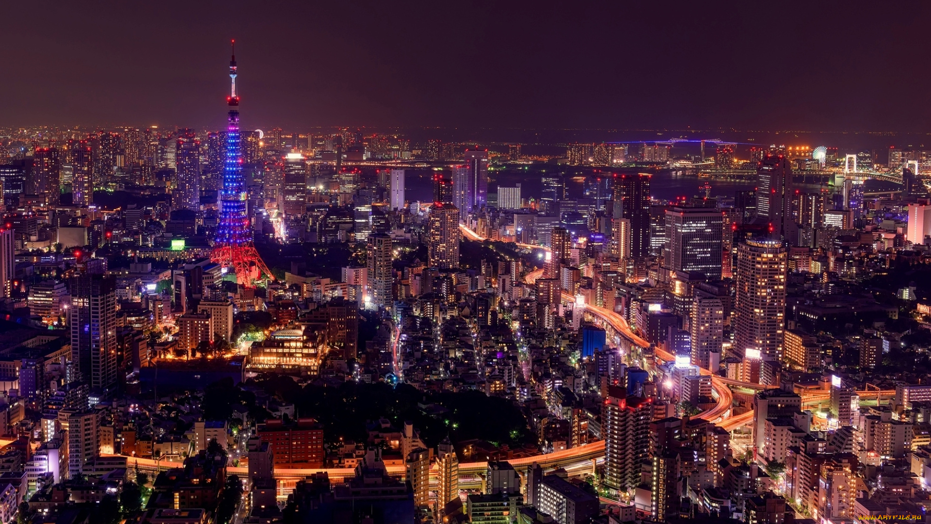 города, токио, , Япония, огни, подсветка, город, ночь, tokyo, мост, небоскребы, дороги, здания, gate, bridge, japan, токио, панорама, телевизионная, башня, tower, odaiba