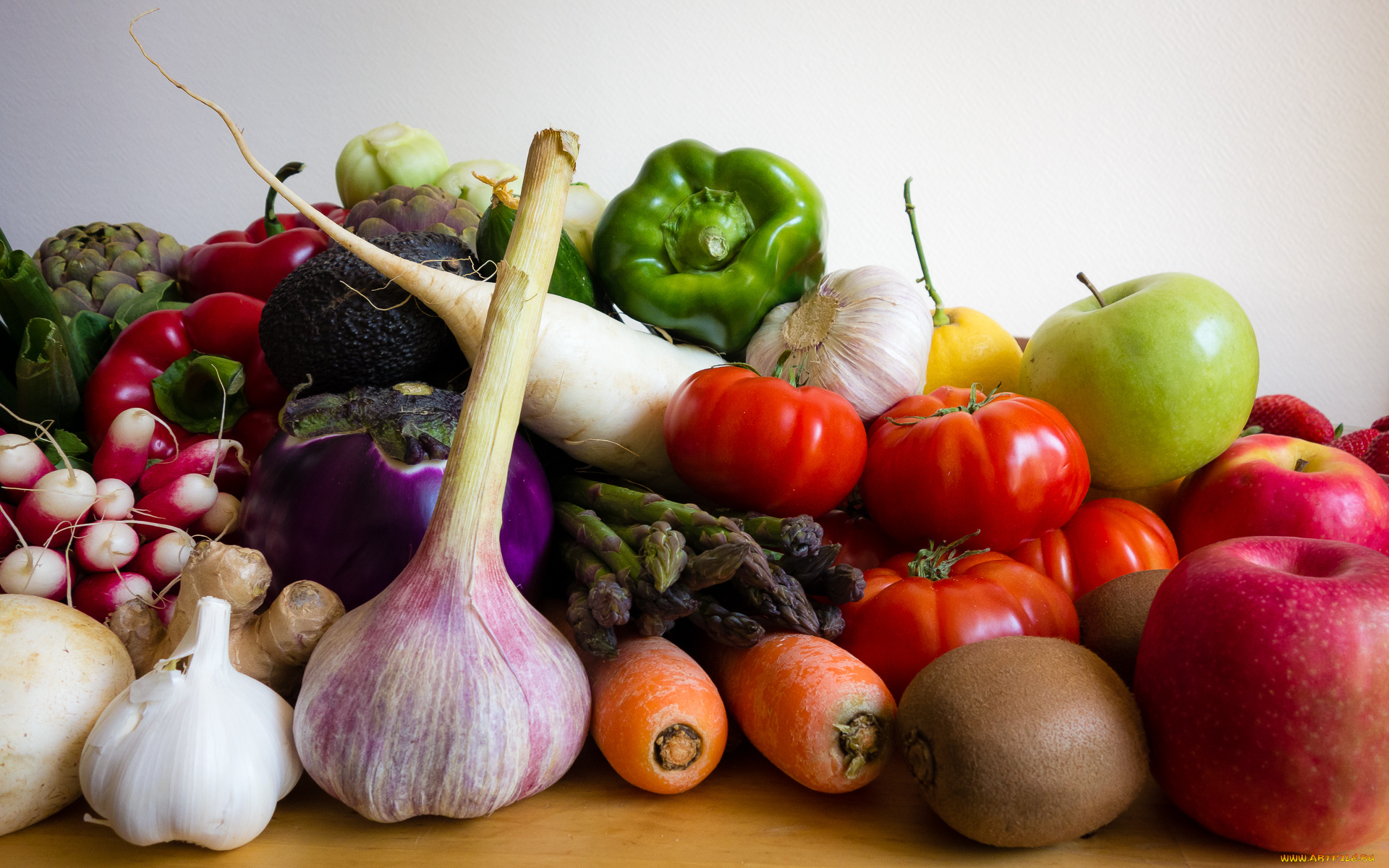 еда, фрукты, и, овощи, вместе, боклажаны, лук, яблоки, лимон, спаржа, редька, грибы, помидоры, перец, редис, овощи, фрукты