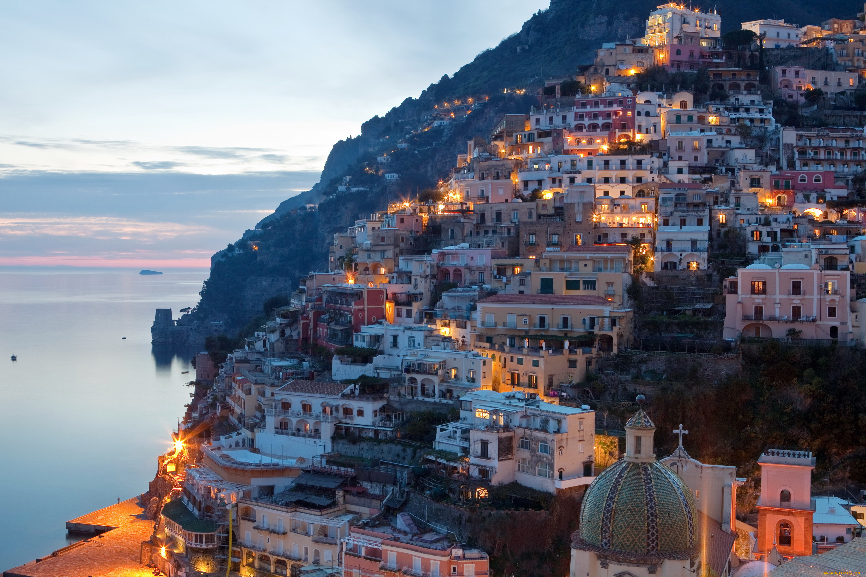 позитано, италия, города, амальфийское, и, лигурийское, побережье, , италия, positano, italy, позитано, дома, ночь, огни