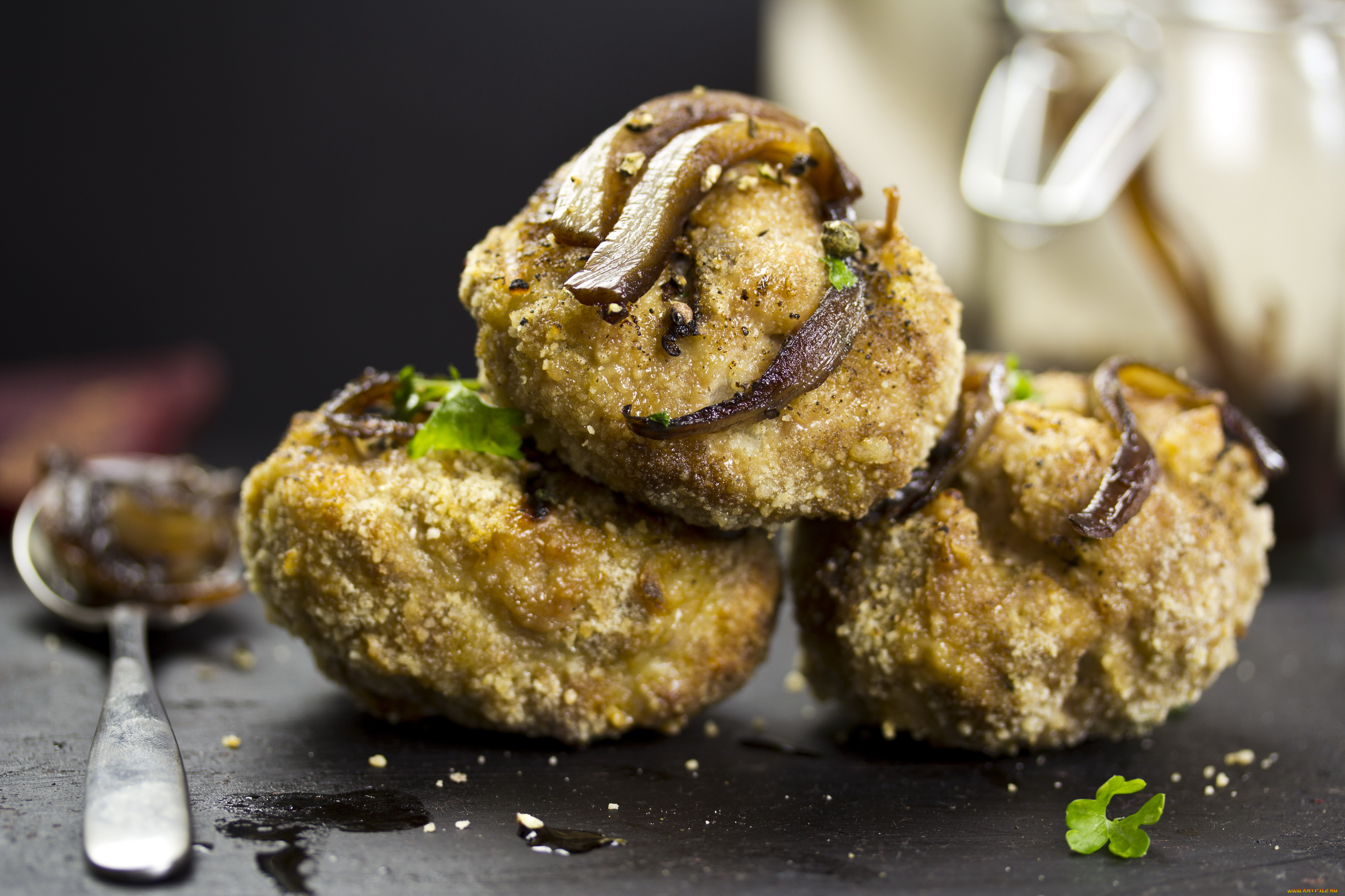 еда, мясные, блюда, ложка, стол, фон, зелень, запеченное, мясо