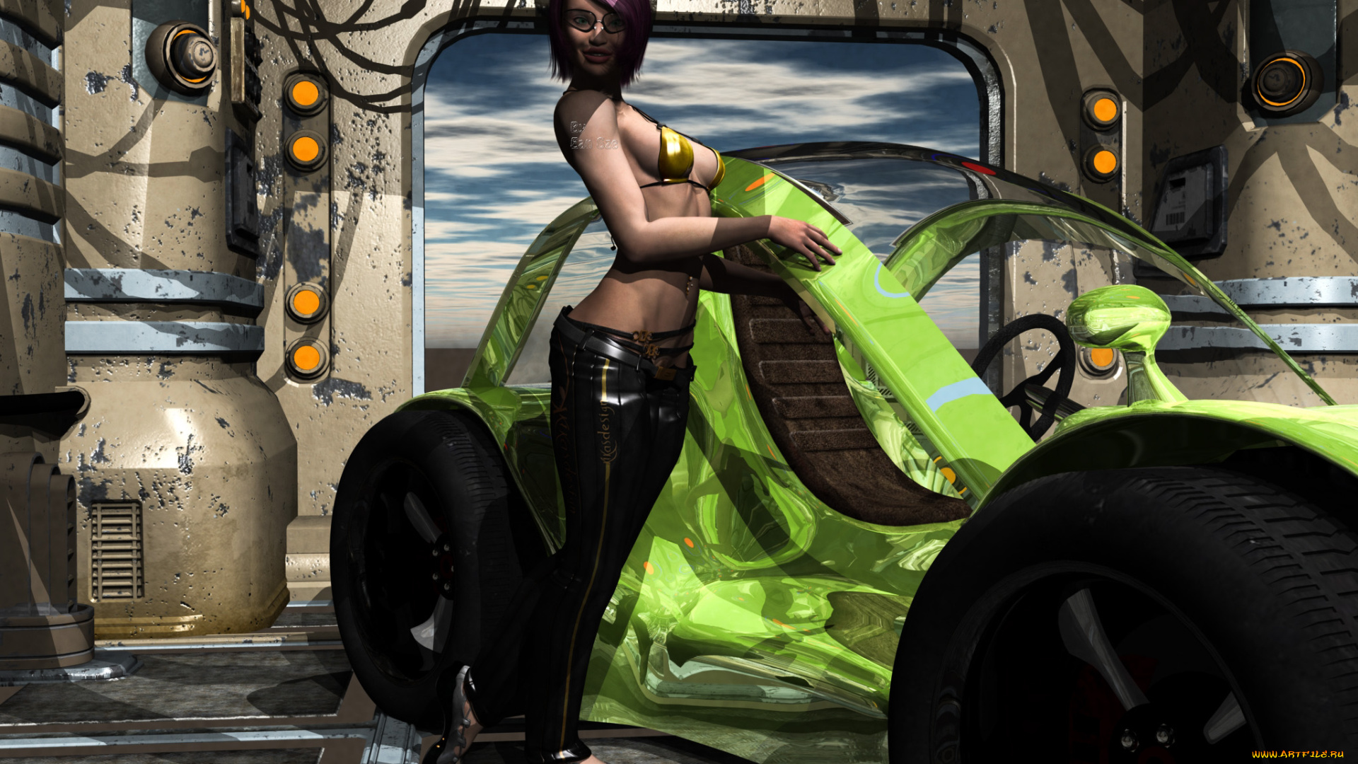 3д, графика, фантазия, , fantasy, автомобиль, фон, взгляд, девушка