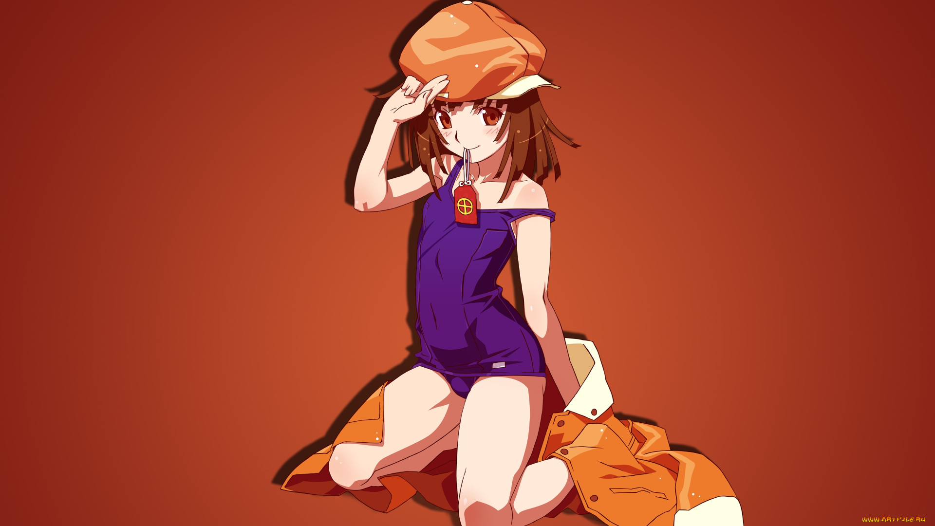 аниме, bakemonogatari, фон, девушка, арт, sengoku, nadeko, watanabe, akio, шляпа, купальник, оберег, пиджак