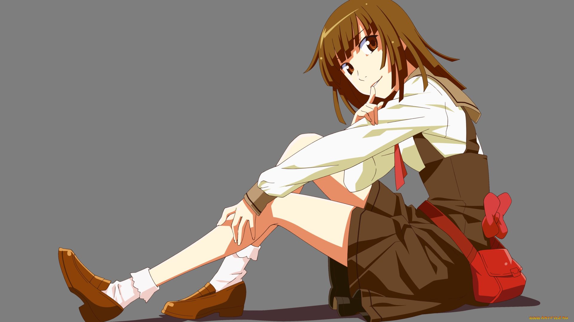 аниме, bakemonogatari, фон, девушка, арт, sengoku, nadeko, сумка, платье, галстук, бант