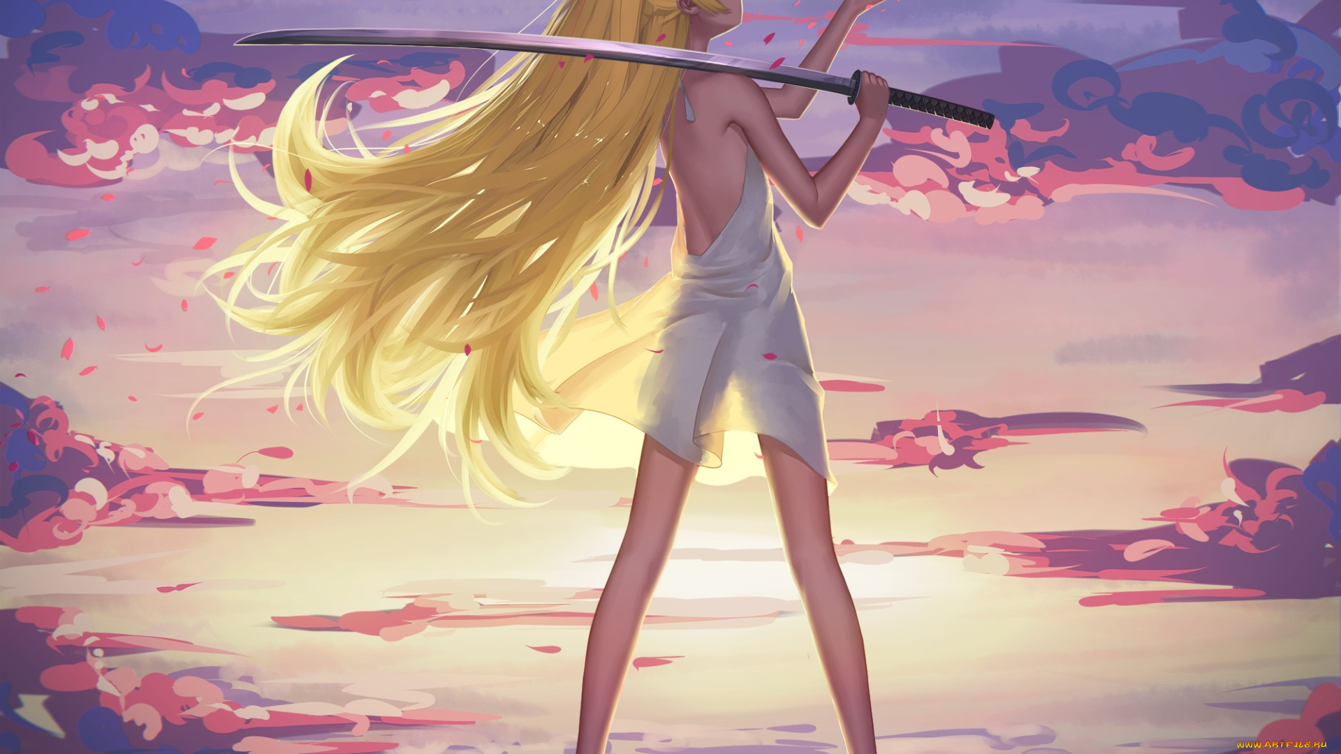 аниме, bakemonogatari, закат, облака, катана, небо, меч, девушка, арт, maredoro, oshino, shinobu, платье