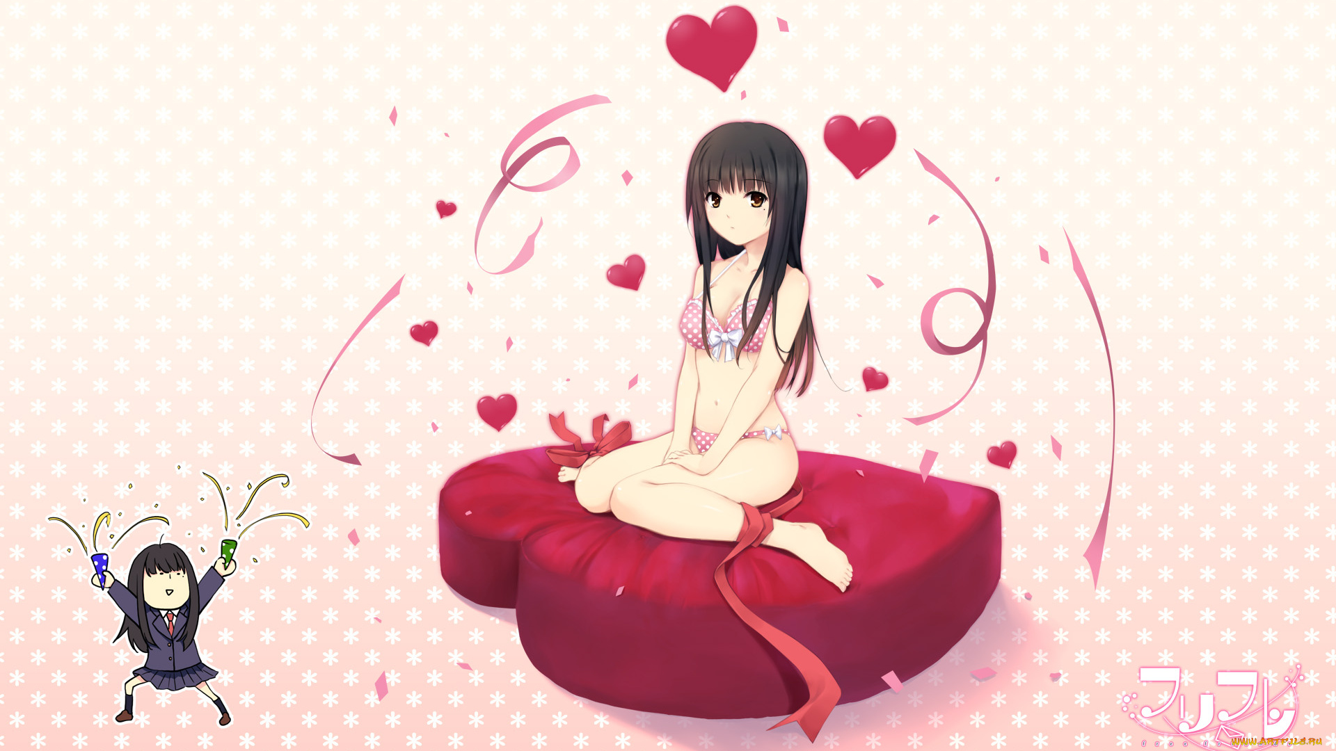 аниме, день, святого, валентина, coffee-kizoku, shiramine, rika, сердечки, шатенка, девушка, фон, арт