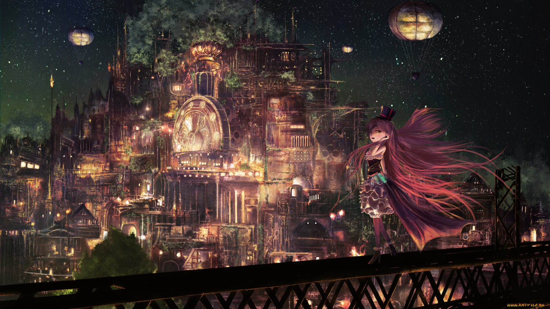 аниме, город, , улицы, , здания, девушка, арт, popopo5656, огни, ночь