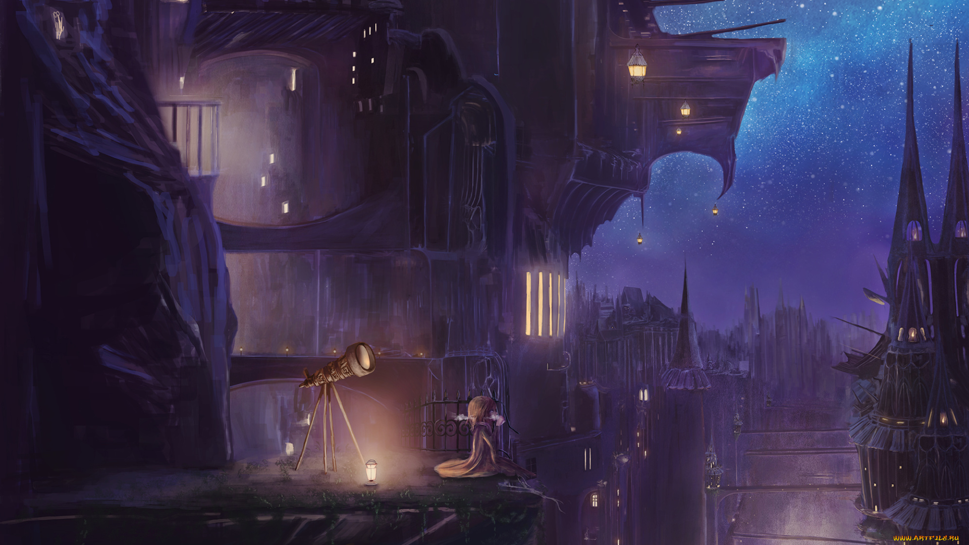 аниме, город, , улицы, , здания, popopo5656, арт, девушка, огни, ночь, фонари, телескоп