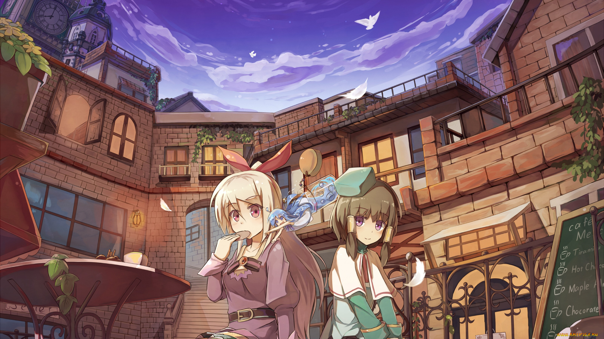 аниме, город, , улицы, , здания, стакан, еда, стол, seneto, вода, merc, storia, птицы, девушки, арт, здания, небо