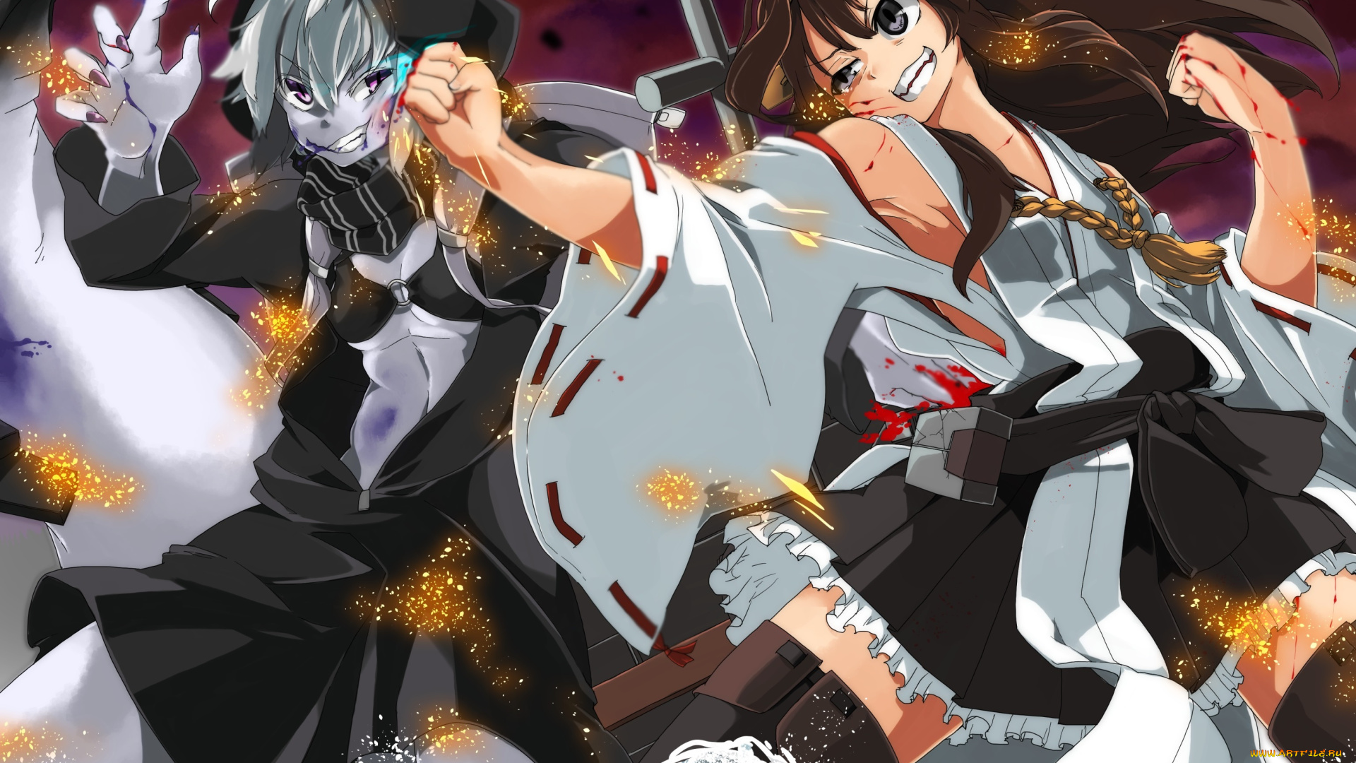 аниме, kantai, collection, tagme-artist, re-class, battleship, искры, вода, бой, kantai, collection, kongou, kancolle, девушки, арт