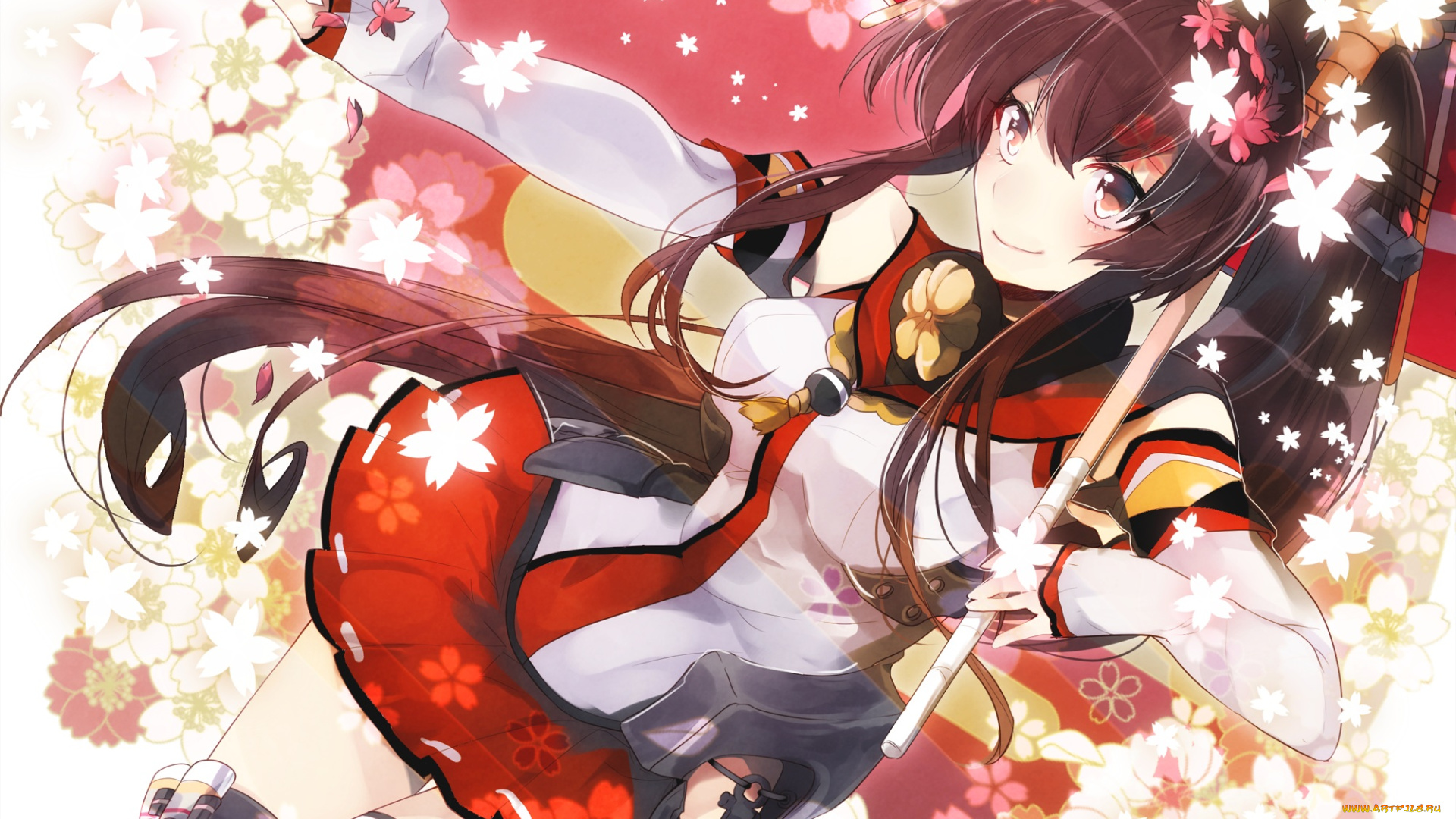 аниме, kantai, collection, зонт, девушка, yakusuke, арт, цветы, шатенка, kancolle, yamato, лепестки, kantai, collection