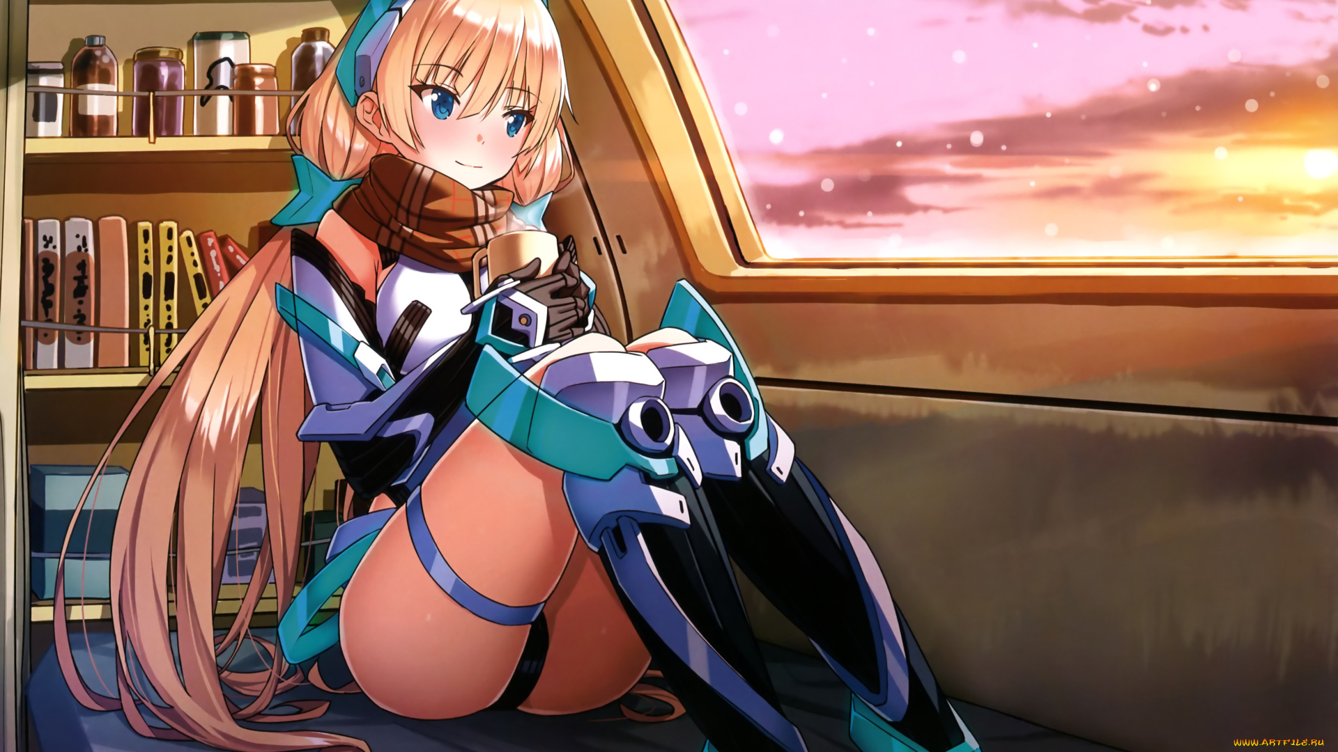 аниме, оружие, , техника, , технологии, девушка, закат, angela, balzac, арт, saitom, окно, expelled, from, paradise, банки, книги