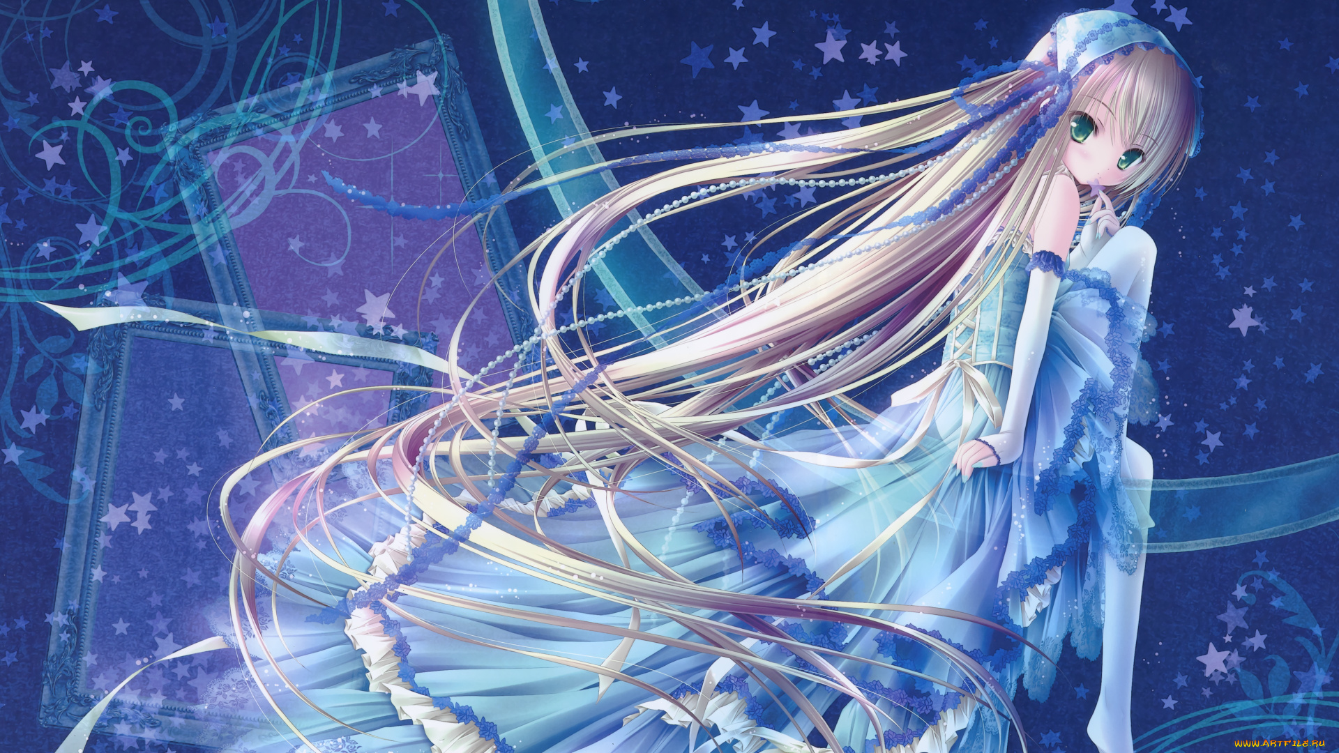 аниме, tinkle, , artbook, бусы, платье, волосы, tinkle, девушка, арт, звёзды