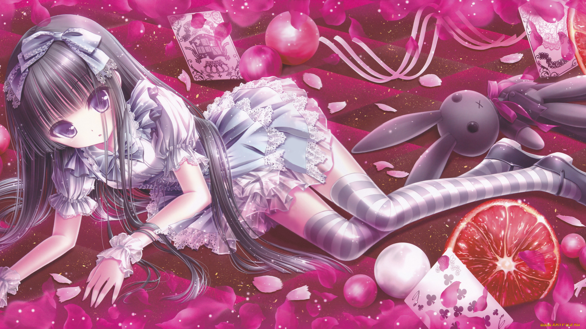 аниме, tinkle, , artbook, лежит, девушка, арт, tinkle, цитрусы, лепестки, кролик