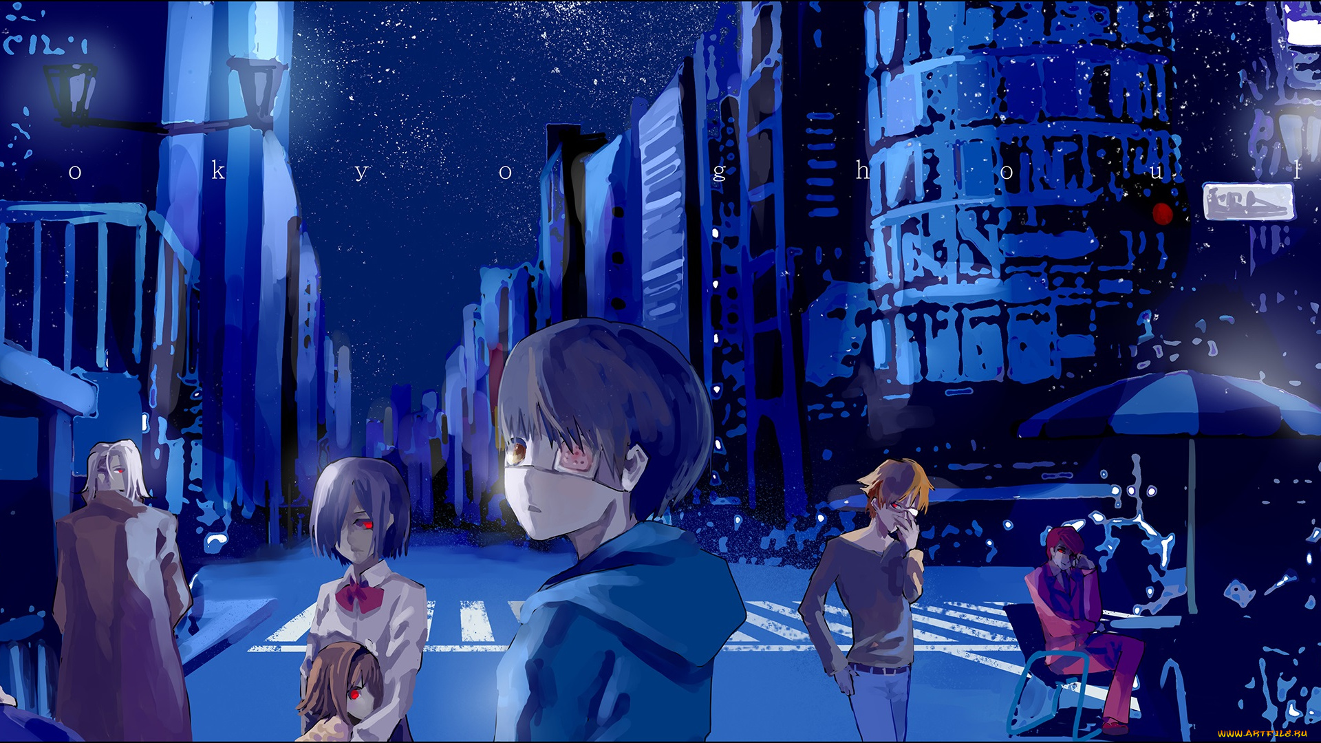 аниме, tokyo, ghoul, город, ночь, гули, красные, глаза