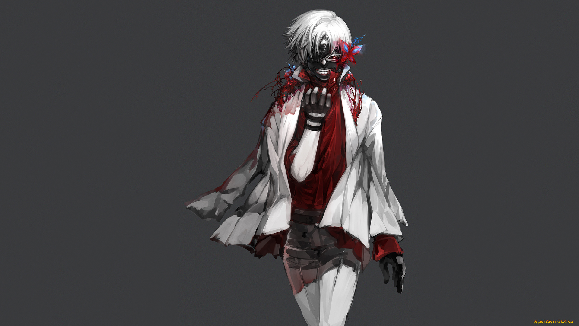 аниме, tokyo, ghoul, красный, глаз, канеки, кен, кровь, маска, белые, волосы, kaneki, ken, токийский, гуль, tokyo, ghoul