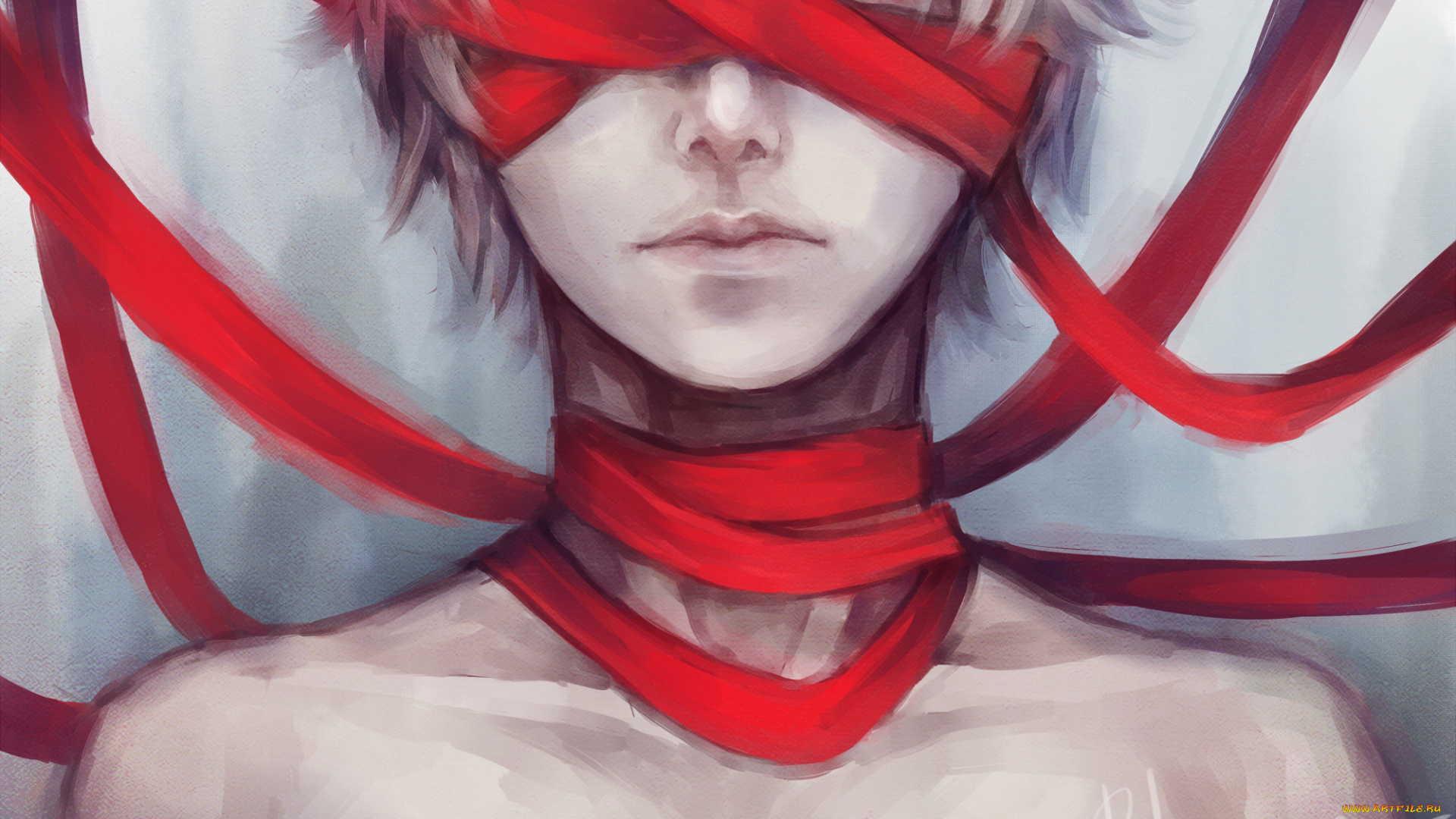 аниме, tokyo, ghoul, шея, kaneki, ken, красная, лента, парень, арт, blauerozen, bleed