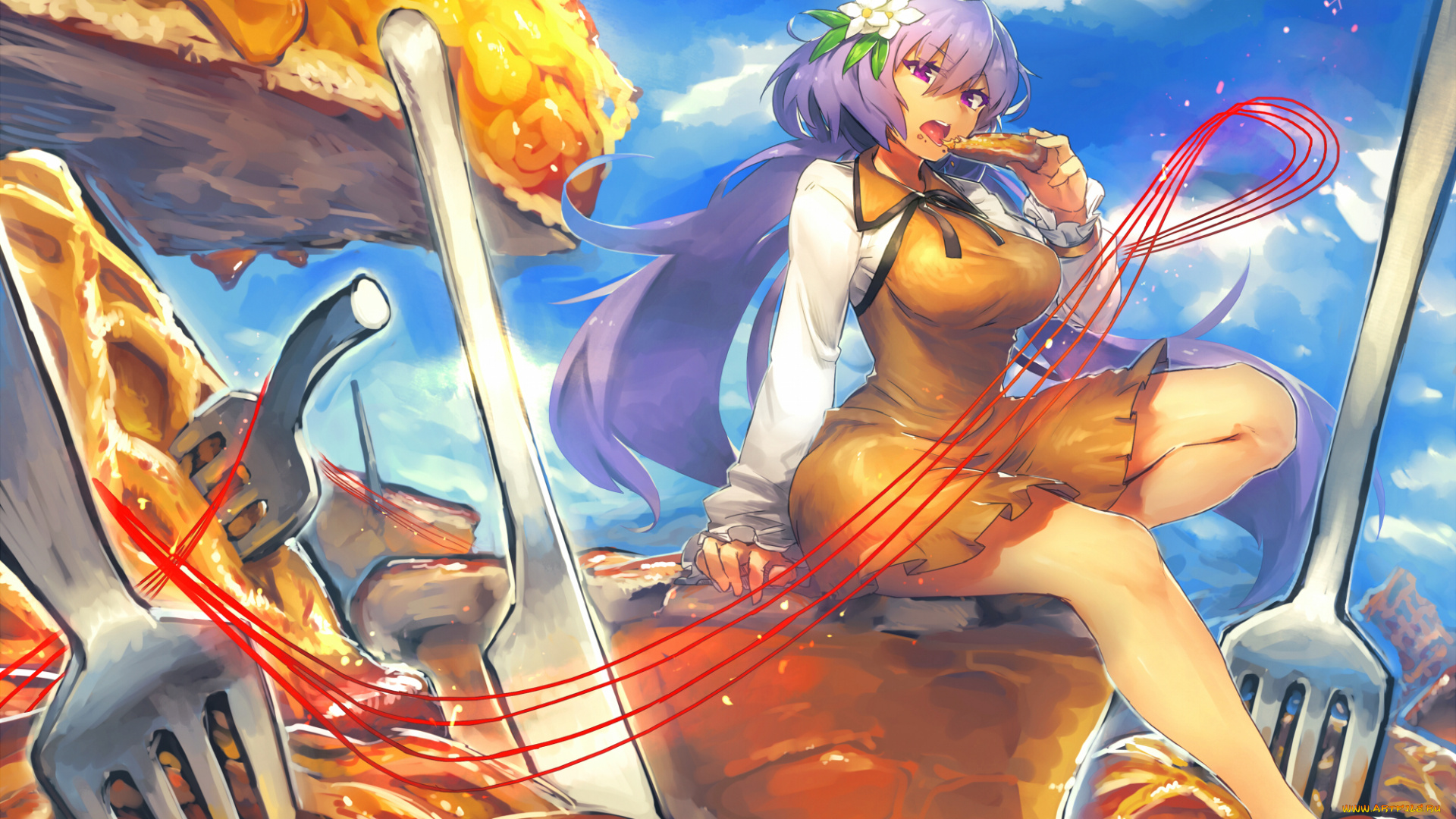 аниме, touhou, арт, tenmasa22, еда, tsukumo, benben, вилка, девушка, небо, взгляд, пицца, пирог, цветы