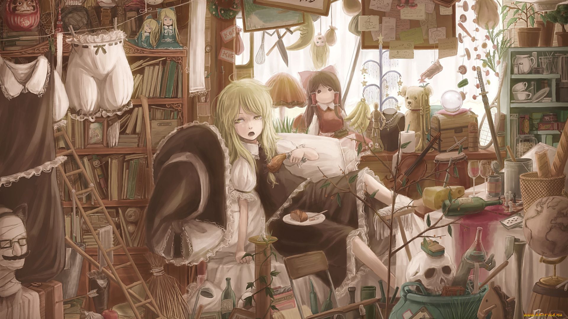аниме, touhou, бардак, бокалы, вино, стол, lif-, lif-ppp, еда, девушка, маски, книги, шкаф, арт, комната, kirisame, marisa, hakurei, reimu