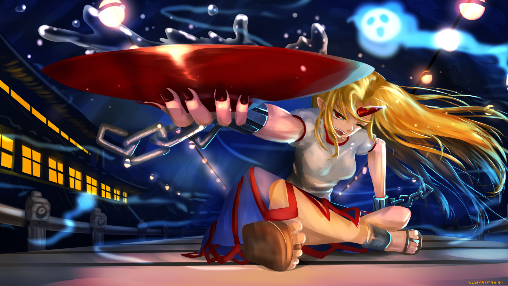 аниме, touhou, блондинка, девушка, арт, ночь, вода, чаша, взгляд, рог, когти, bai, yemeng, hoshiguma, yuugi