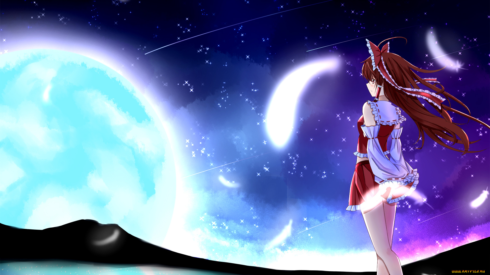 аниме, touhou, луна, tianya, beiming, hakurei, reimu, девушка, звёздное, небо