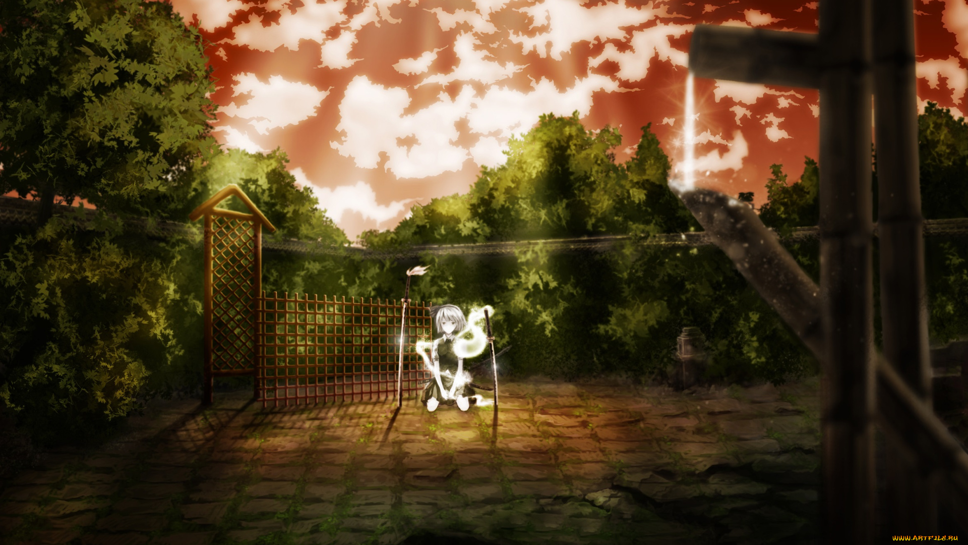 аниме, touhou, myon, konpaku, youmu, вечер, оружие, мечи, девушка, арт, heiyuen