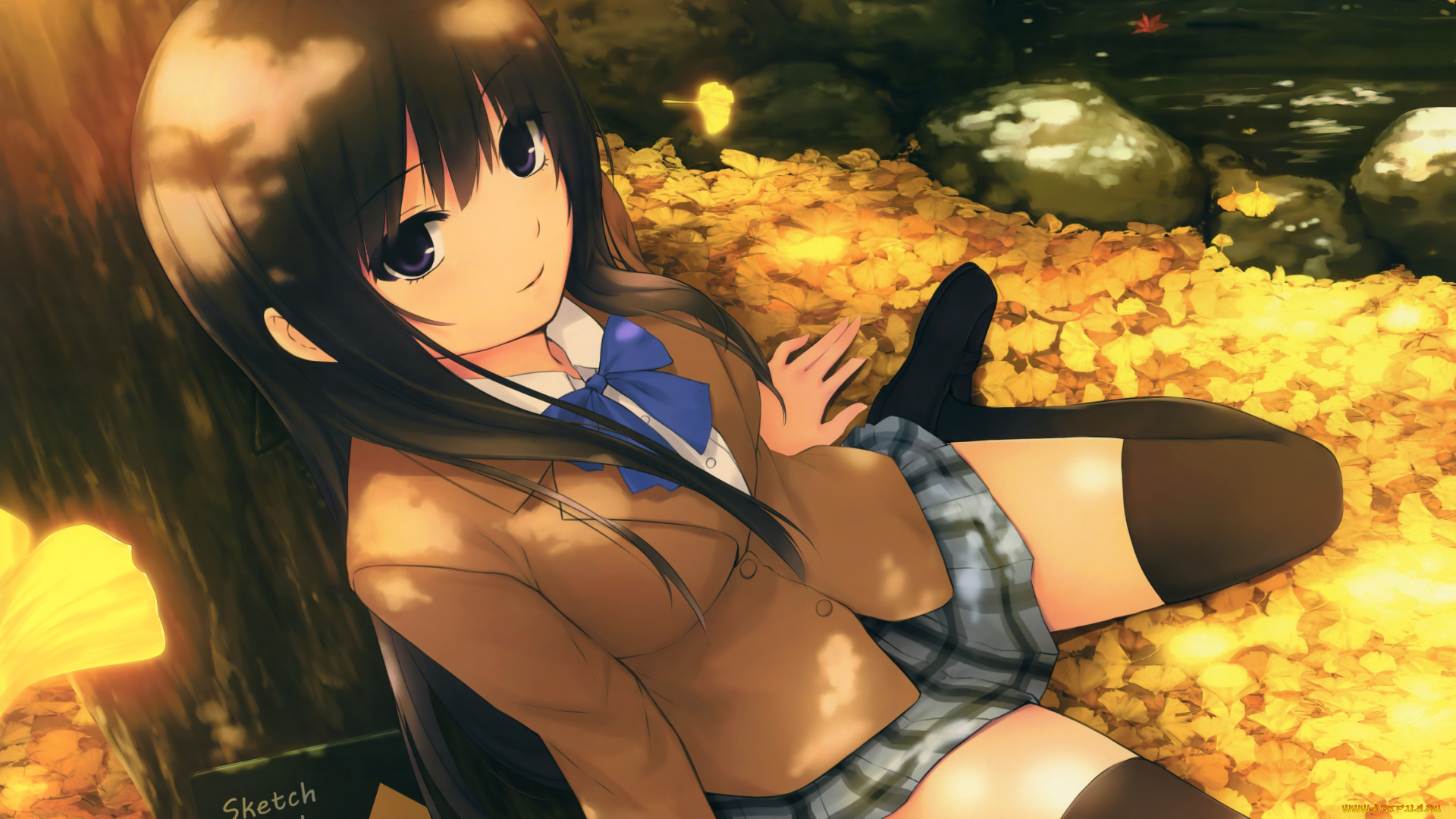 аниме, unknown, , другое, дерево, листья, брюнетка, взгляд, coffee-kizoku, осень, девушка, арт