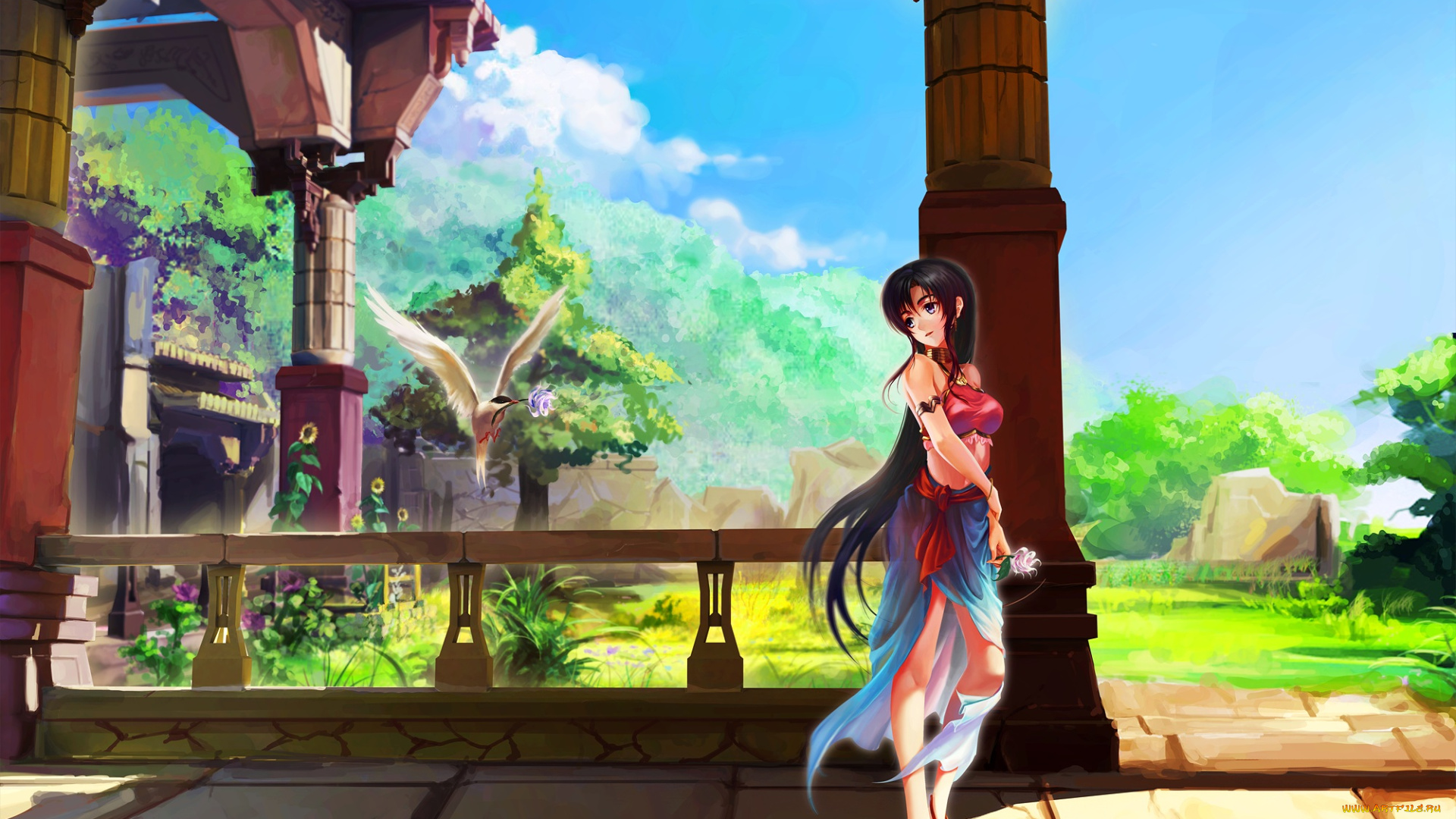 аниме, unknown, , другое, птица, природа, арт, девушка, ushas