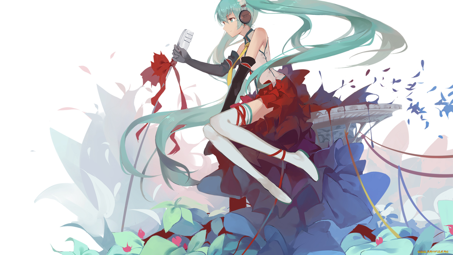 аниме, vocaloid, фон, девушка, микрофон, арт, растения, брызги, листья, gensou, kuro, usagi, hatsune, miku