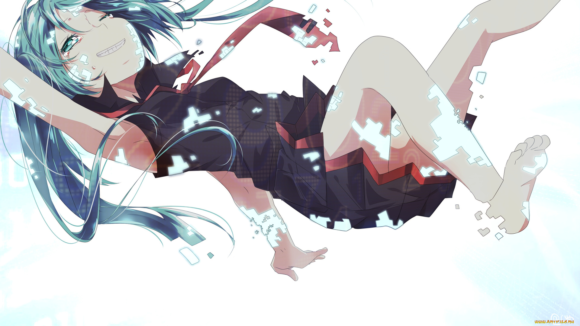 аниме, vocaloid, hatsune, miku, cogumelian, арт, девушка, пиксилизация, квадратики, улыбка, слеза