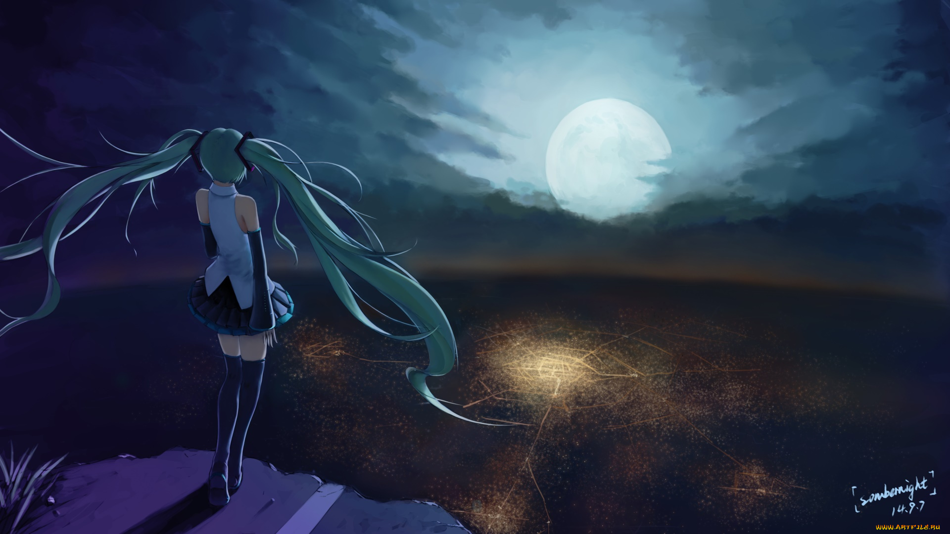 аниме, vocaloid, hatsune, miku, sombernight, арт, девушка, город, ночь, огни, луна, небо, облака