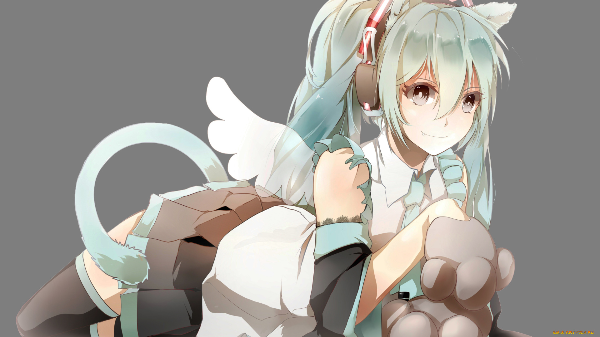 аниме, vocaloid, хвостик, ушки, девушка, фон, hatsune, miku