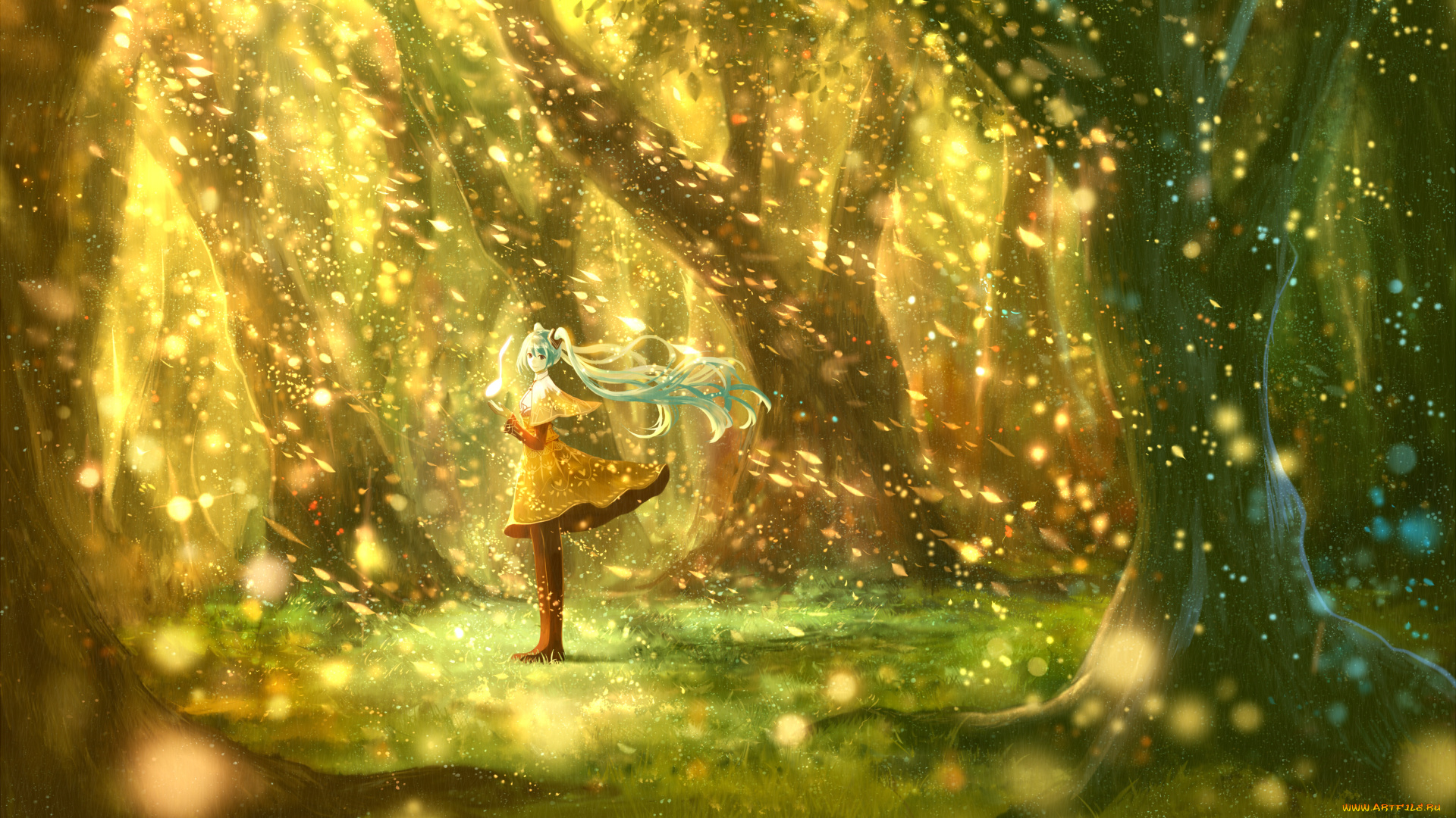 аниме, vocaloid, лес, сияние, девушка, арт, bou, nin, hatsune, miku