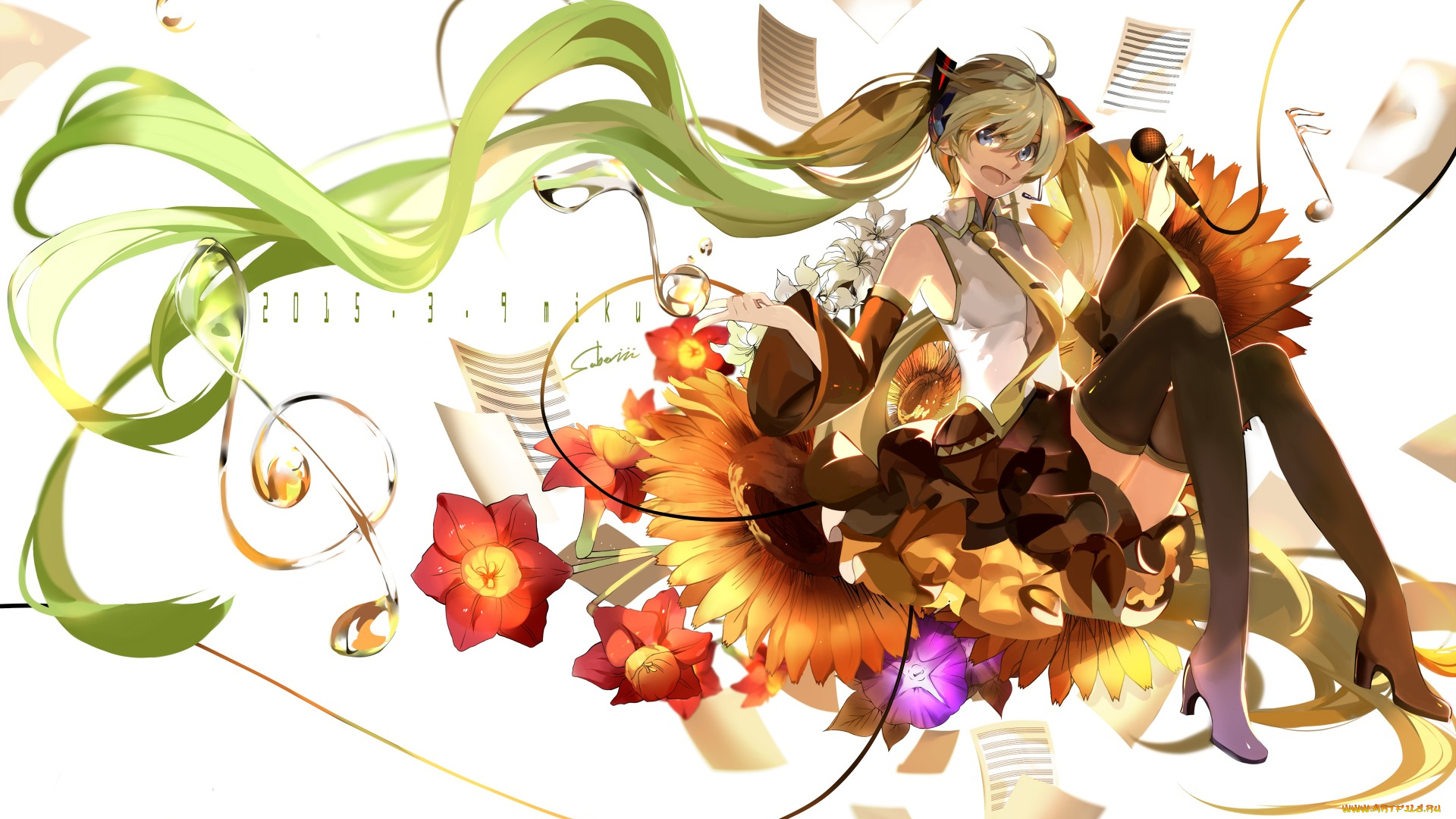 аниме, vocaloid, ноты, микрофон, hatsune, miku, девушка, арт, saberiii, жидкость