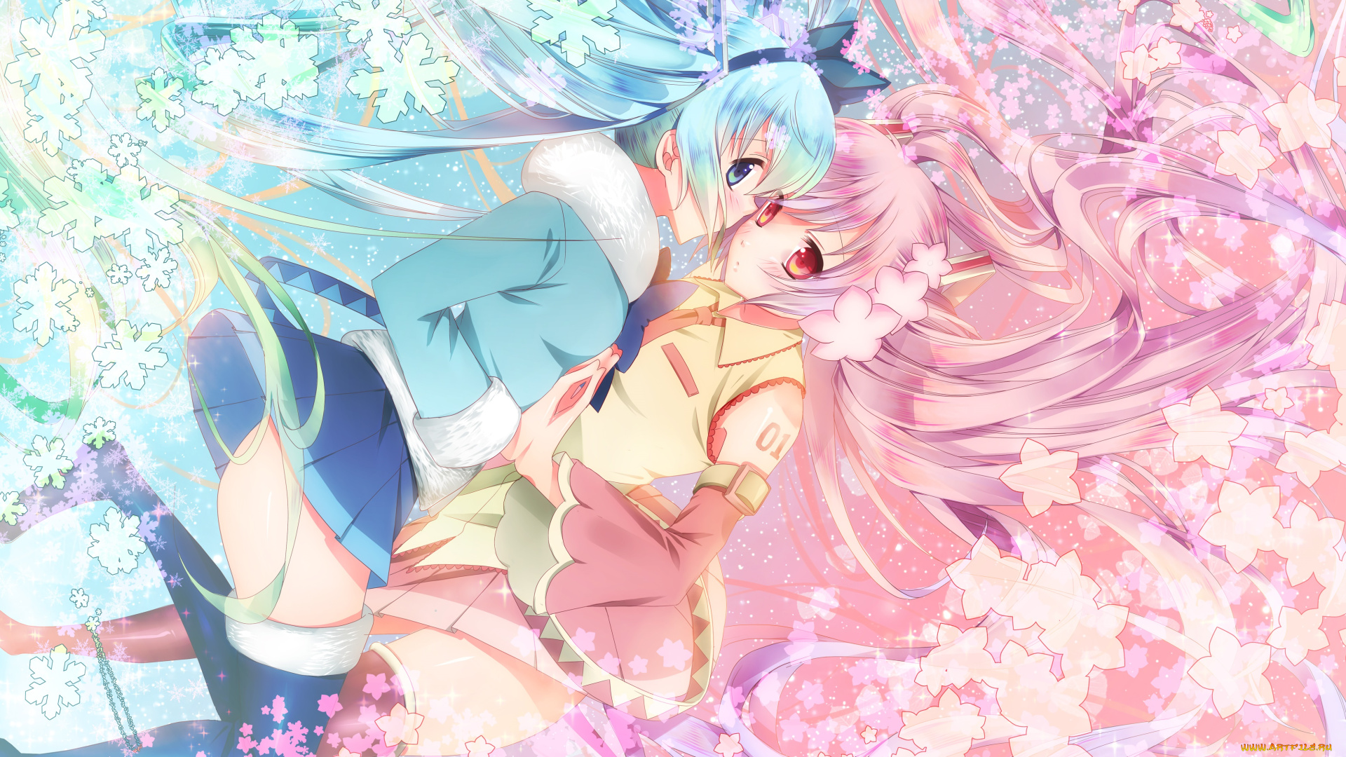 аниме, vocaloid, снежинки, yuki, miku, девушки, sakura, hatsune