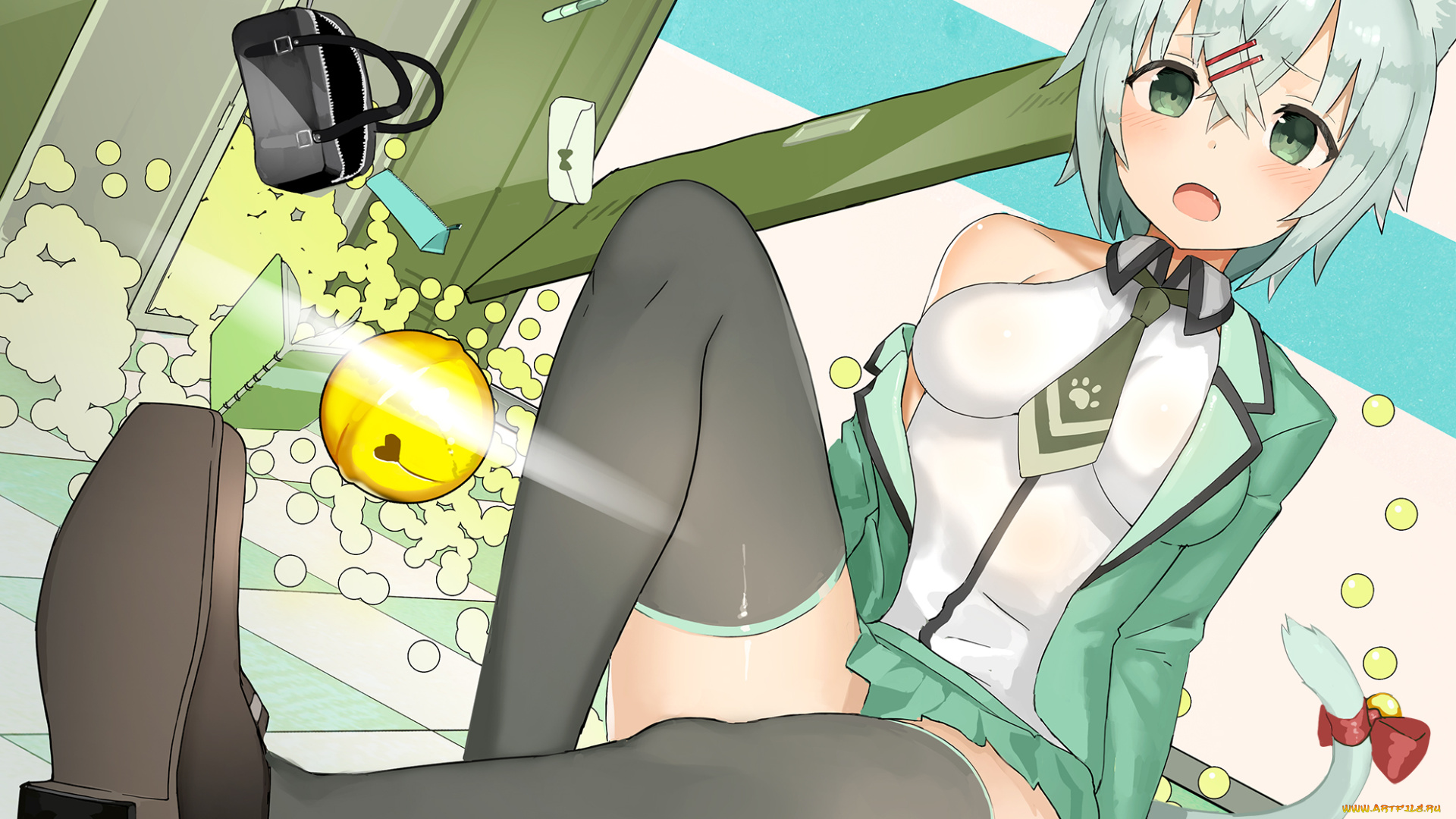 аниме, животные, , существа, колокольчик, девушка, арт, ccaw, хвост, ушки, сумка