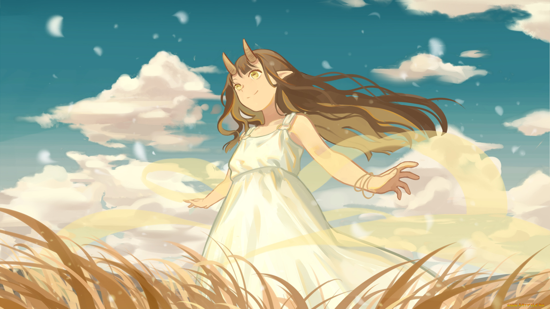 аниме, животные, , существа, рога, девушка, zicai, tang, облака, небо, поле