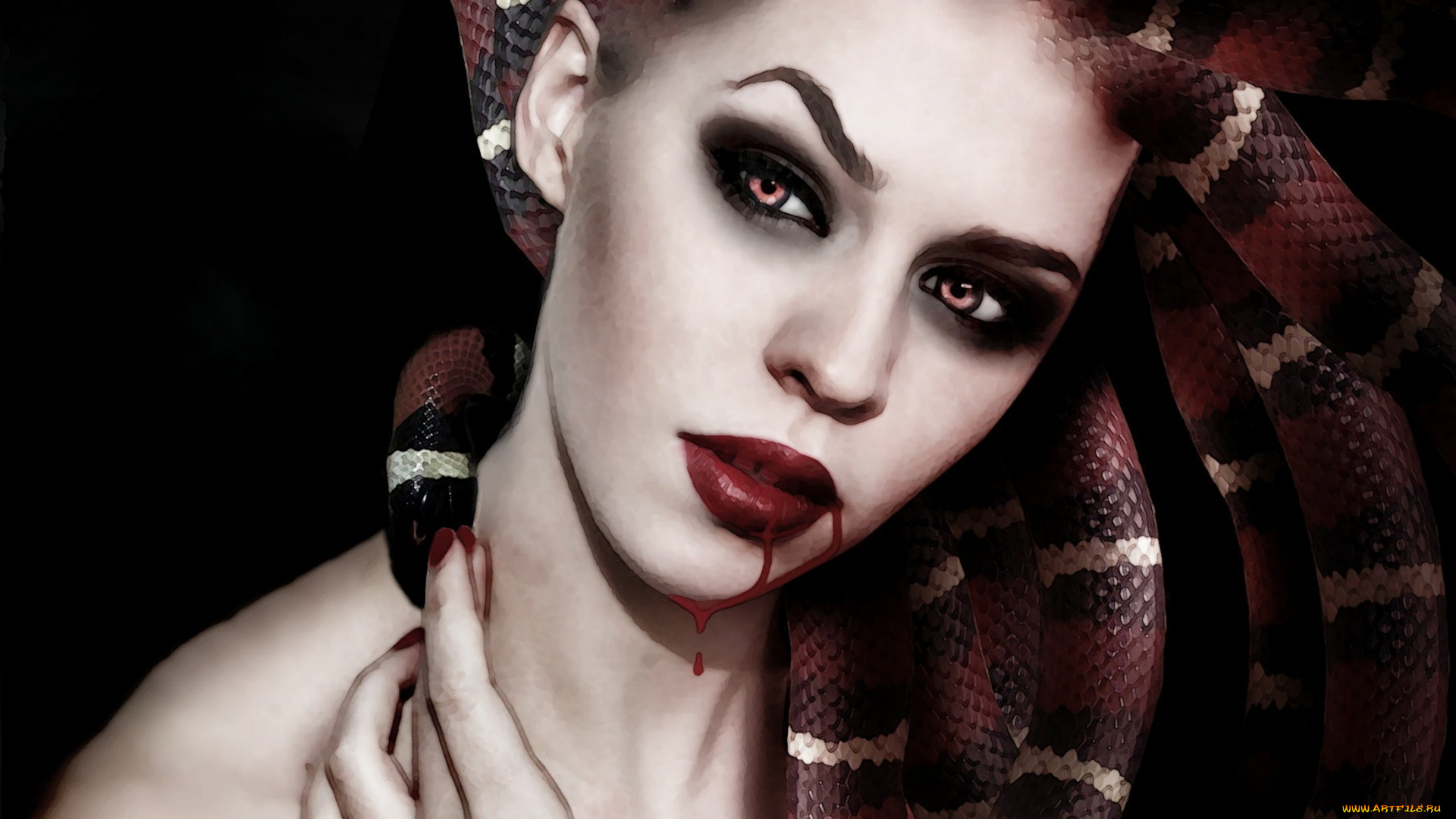 фэнтези, фотоарт, кровь, фон, макияж, арт, лицо, медуза, горгона, змеи, девушка, medusa