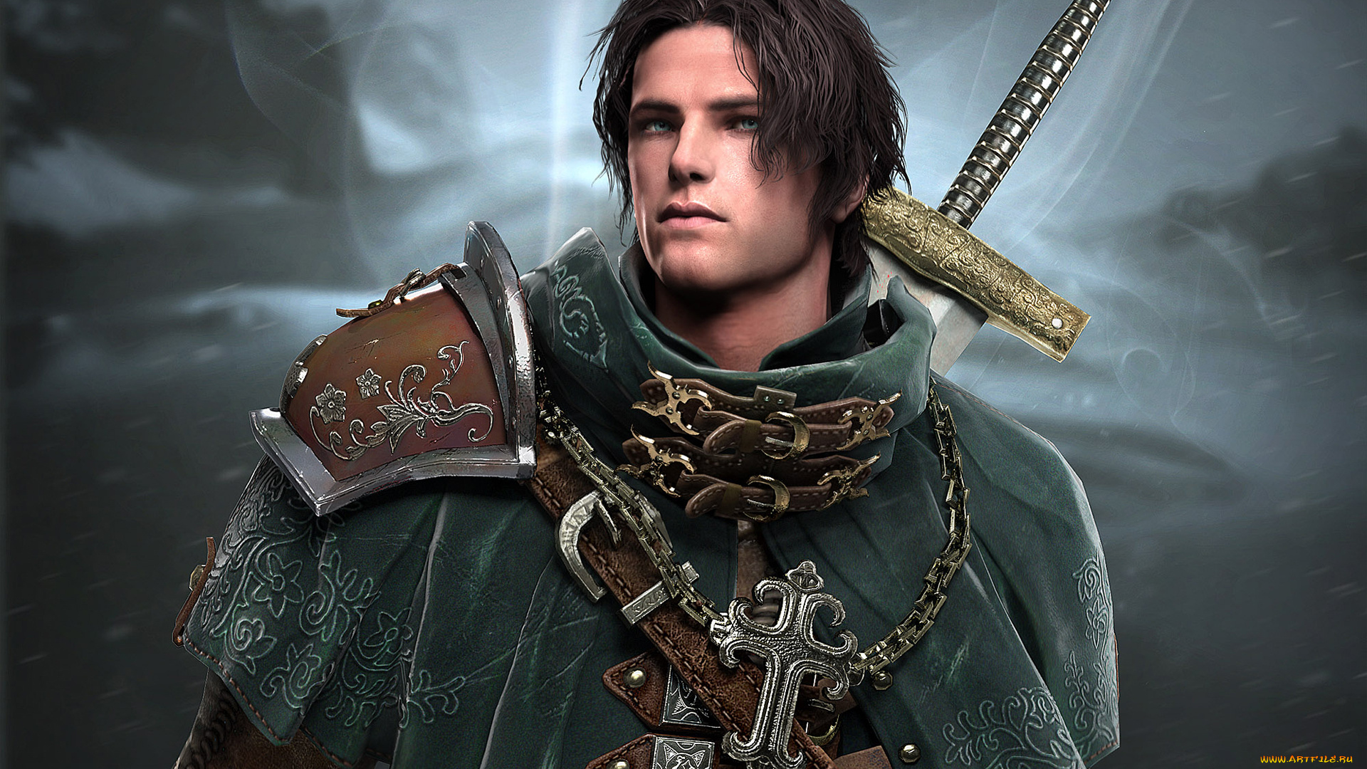 фэнтези, люди, броня, меч, крест, оружие, охотник, мужчина