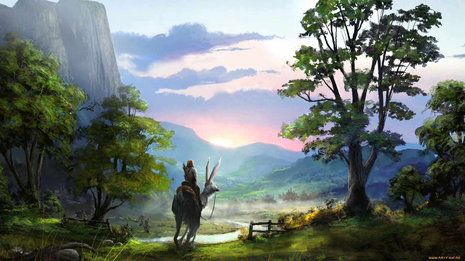 фэнтези, пейзажи, вид, пейзаж, арт, фантастика, уши, существо, человек, облака, небо, деревья, красота